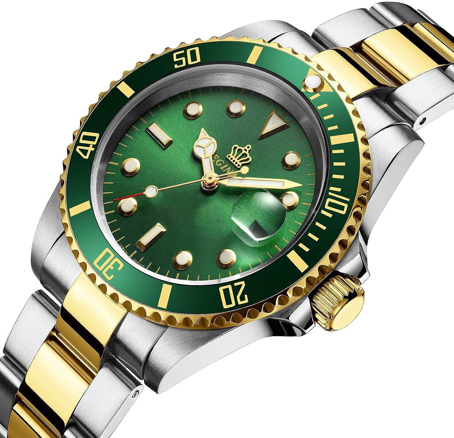 FANMIS Men's Two-Tone Stainless Steel Quartz Watch, Rotating Bezel and Date | Green Dial, Luminous Hands and Markers, Magnified Date Window, Fold-Over Safety Clasp, 30M Water Resistant for Everyday Wear.