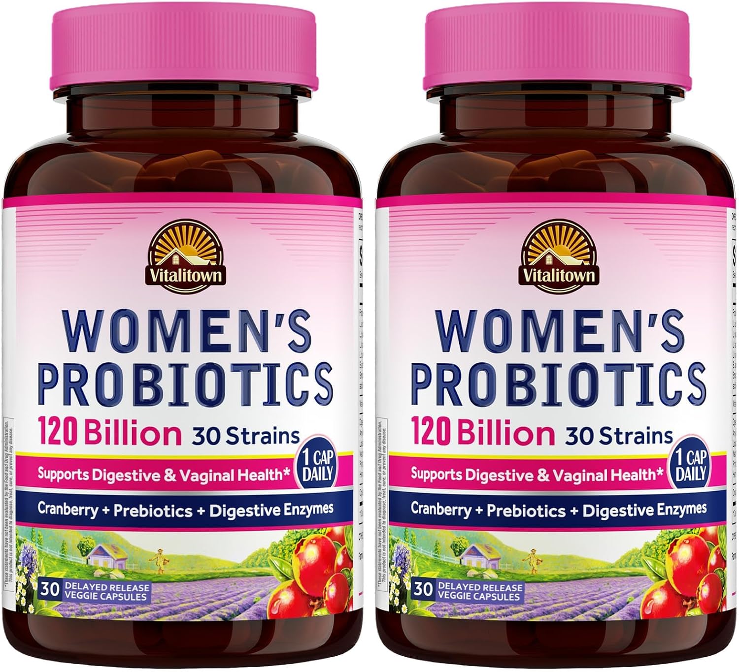 Vitalitown Probiotics for Women 120 Billion CFUs, 30 Strains, with Prebiotics & Digestive Enzymes & Cranberry, Gut & Vaginal Health