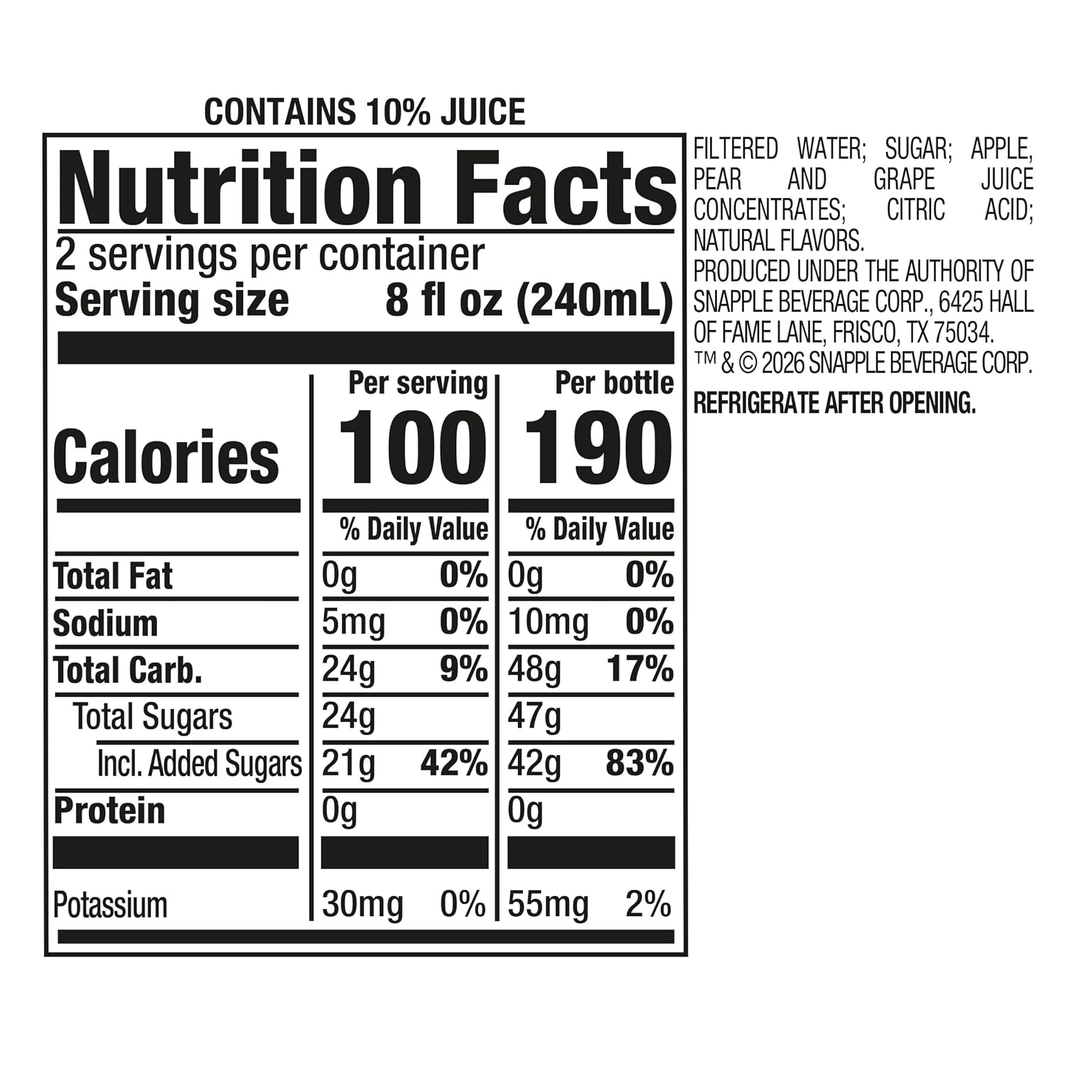 Snapple Apple Juice Drink, 16 Fl Oz Recycled Plastic Bottle, All Natural, No Artificial Flavors Or Sweeteners, Gluten-free, Contains 10% Real Juice 12 Pack