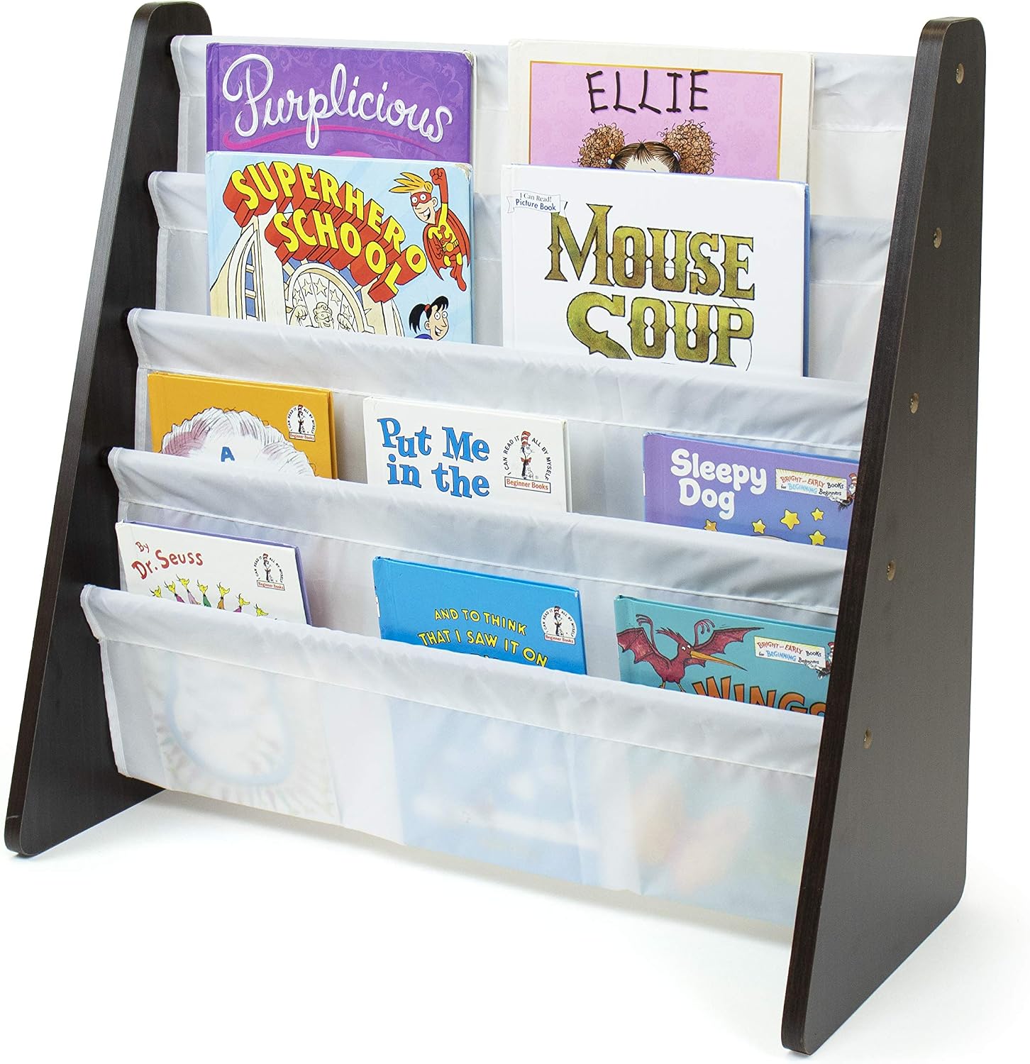 Humble Crew Kids Bookshelf, Montessori Front Facing Toddler Bookcase 4 Tier | Book display rack and reading nook organizer, nylon pockets show covers face out, compact for any playroom or bedroom space