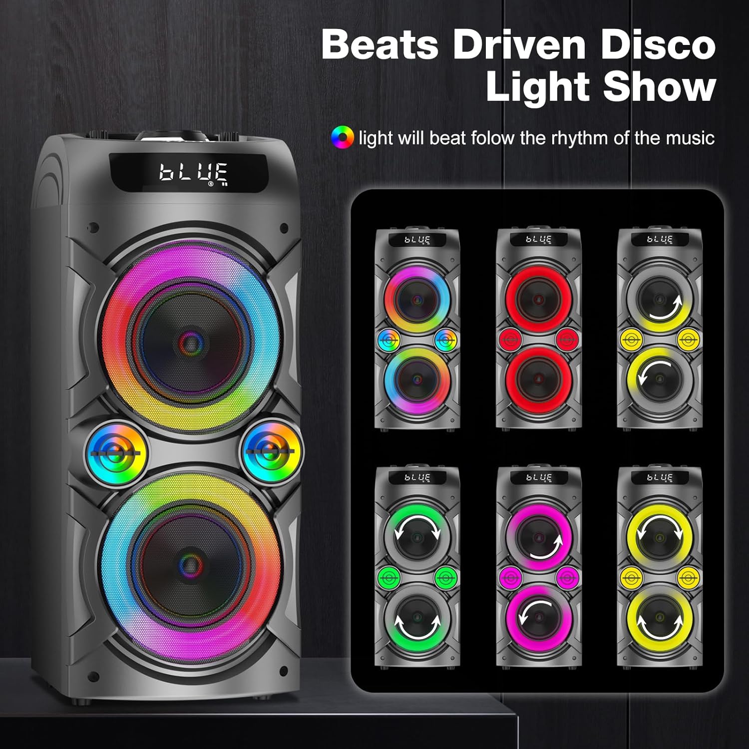 Karaoke Machine with 2 Wireless Microphones, Portable PA System Big Bluetooth Speaker with LED Lights, Remote Control Support Bass/Treble Adjustment