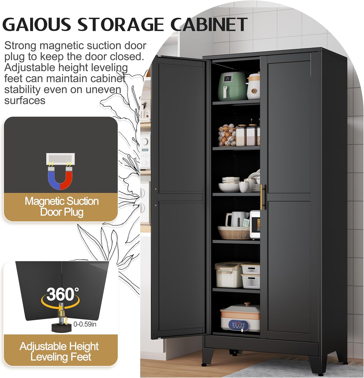GAIOUS 75.2" Tall Metal Kitchen Pantry Storage Cabinets with 2 Door and 5 Adjustable Shelves, Cupboard for Kitchen, Dining Room, Living Room and Bathroom, White