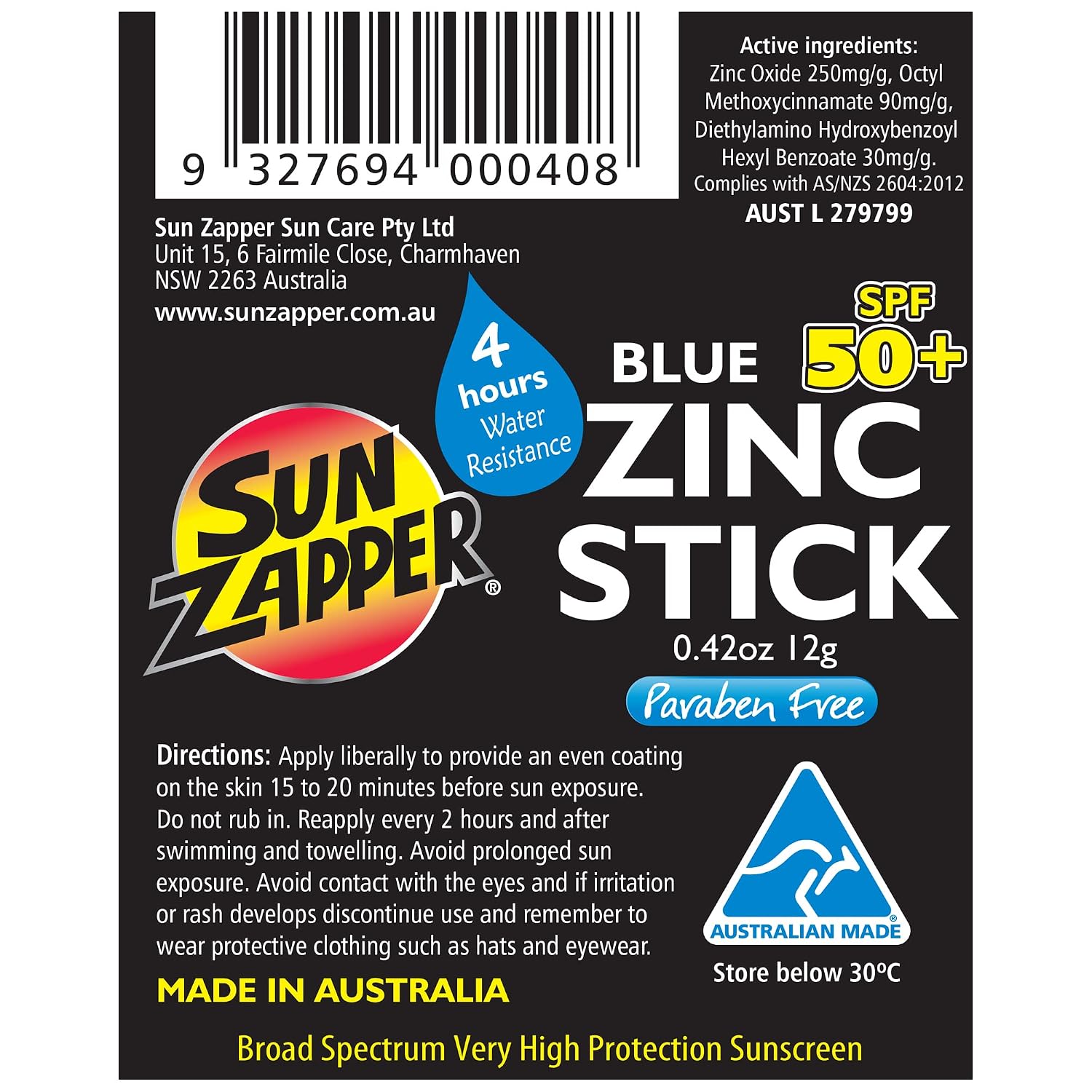 Sun Zapper Zinc Oxide Sunscreen Stick SPF 50+ Light Skin Tone – Mineral Sunscreen for Face and Body, Water Resistant Sunblock for Sensitive Skin,Travel Size 12g (0.42 oz), Australian Made