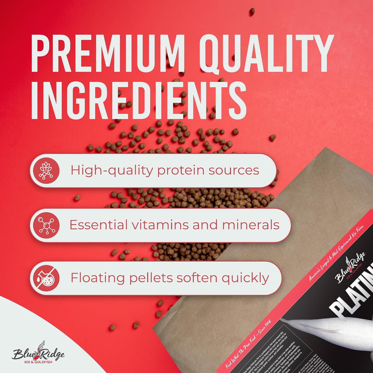 Blue Ridge Koi Platinum Pro 41% Protein Fish Food, 3/16" Pellets, 4.5 lb | Floats, softens fast; Spirulina & Canthaxanthin color support; probiotic-enriched; warm-season formula