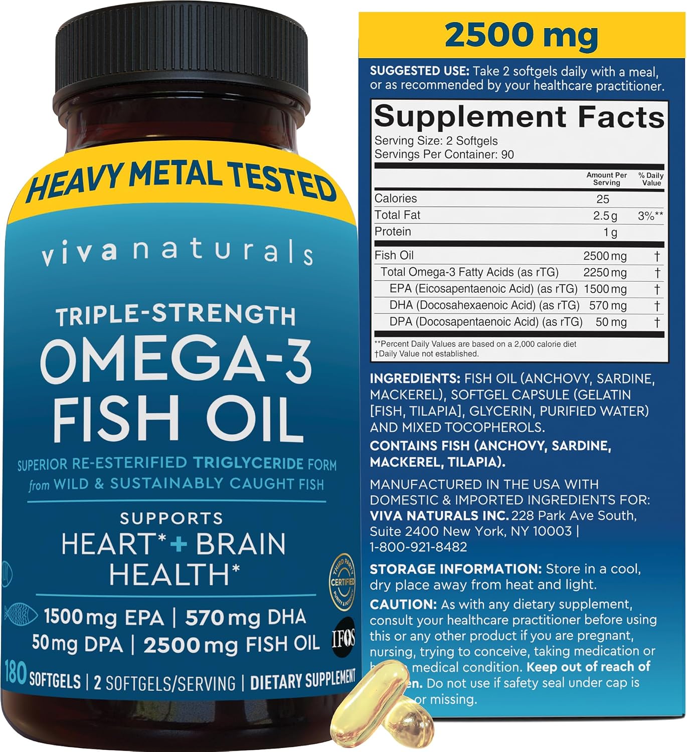 Viva Naturals Triple Strength Omega 3 Fish Oil Pills – 2500 mg High-Potency Formula with 2250 mg Omega 3 Fatty Acids (Including EPA, DHA, DPA) in rTG Form for Absorption – IFOS Certified, 90 Softgels