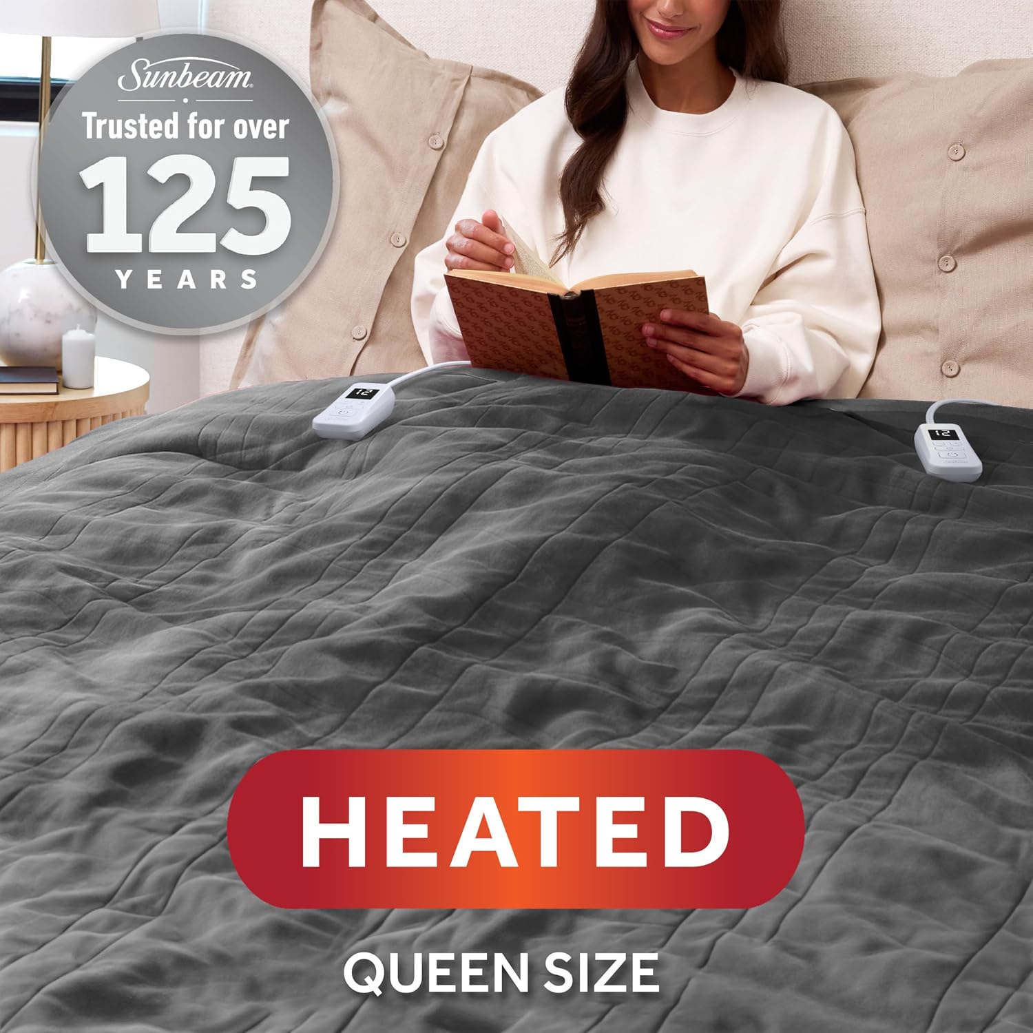 Sunbeam Electric Royal Posh Velvet Heated Blanket, 12 Heat Settings, 12-Hour Selectable Auto Shut-Off, Fast Heating, Warm and Lush, Champagne Color, King, 90" x 100"