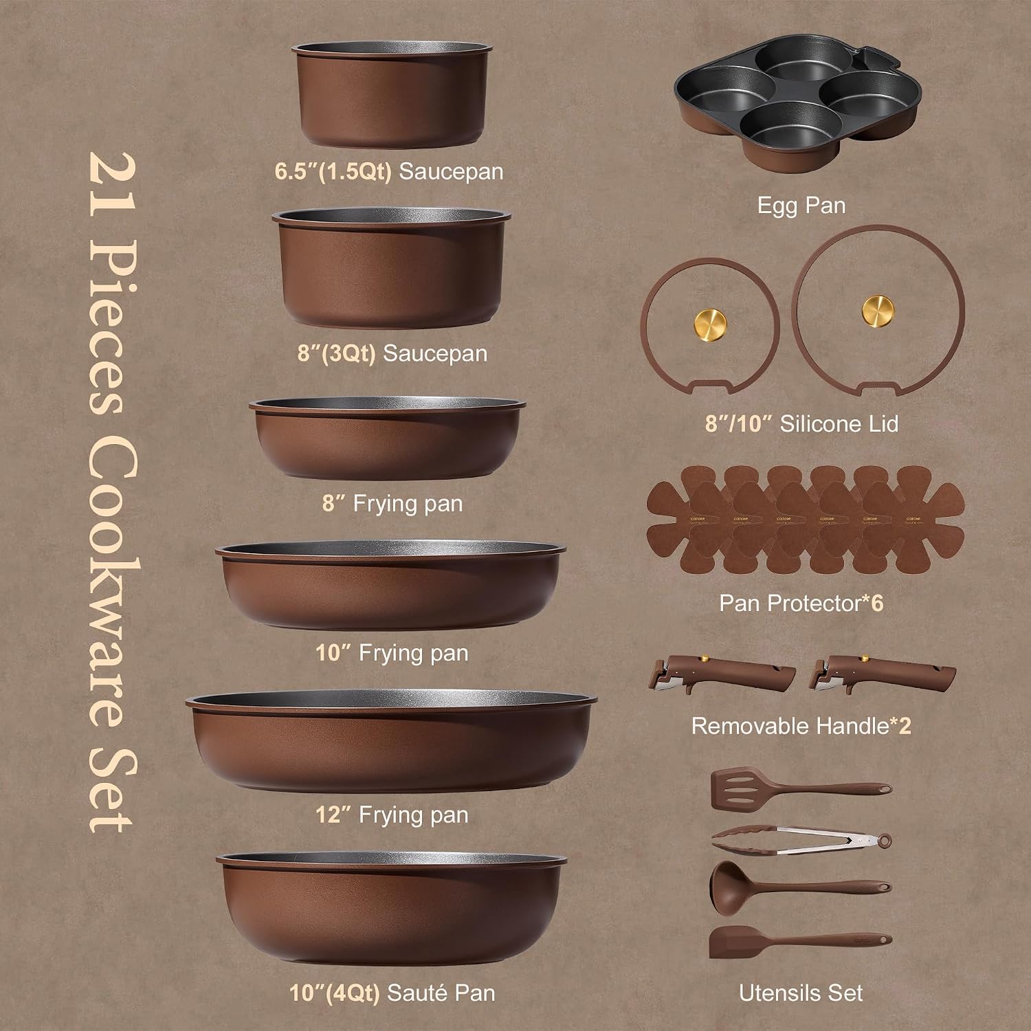 CAROTE 21pcs Pots and Pans Set, Nonstick Cookware Set Detachable Handle, Induction Kitchen Cookware Sets Non Stick with Removable Handle