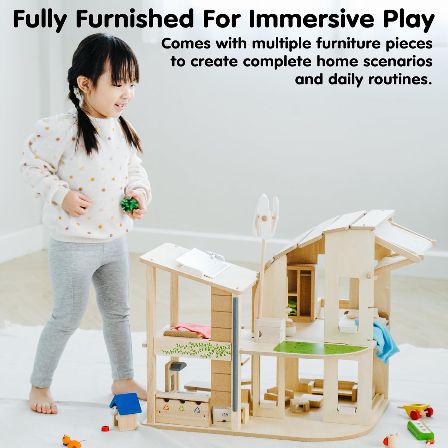 PlanToys® Green Wooden Dollhouse with Solar Panel, Wind Turbine & Furniture | recycling system, eco-friendly doll house, sustainable pretend play, kids, girls, environmental learning gift for boys