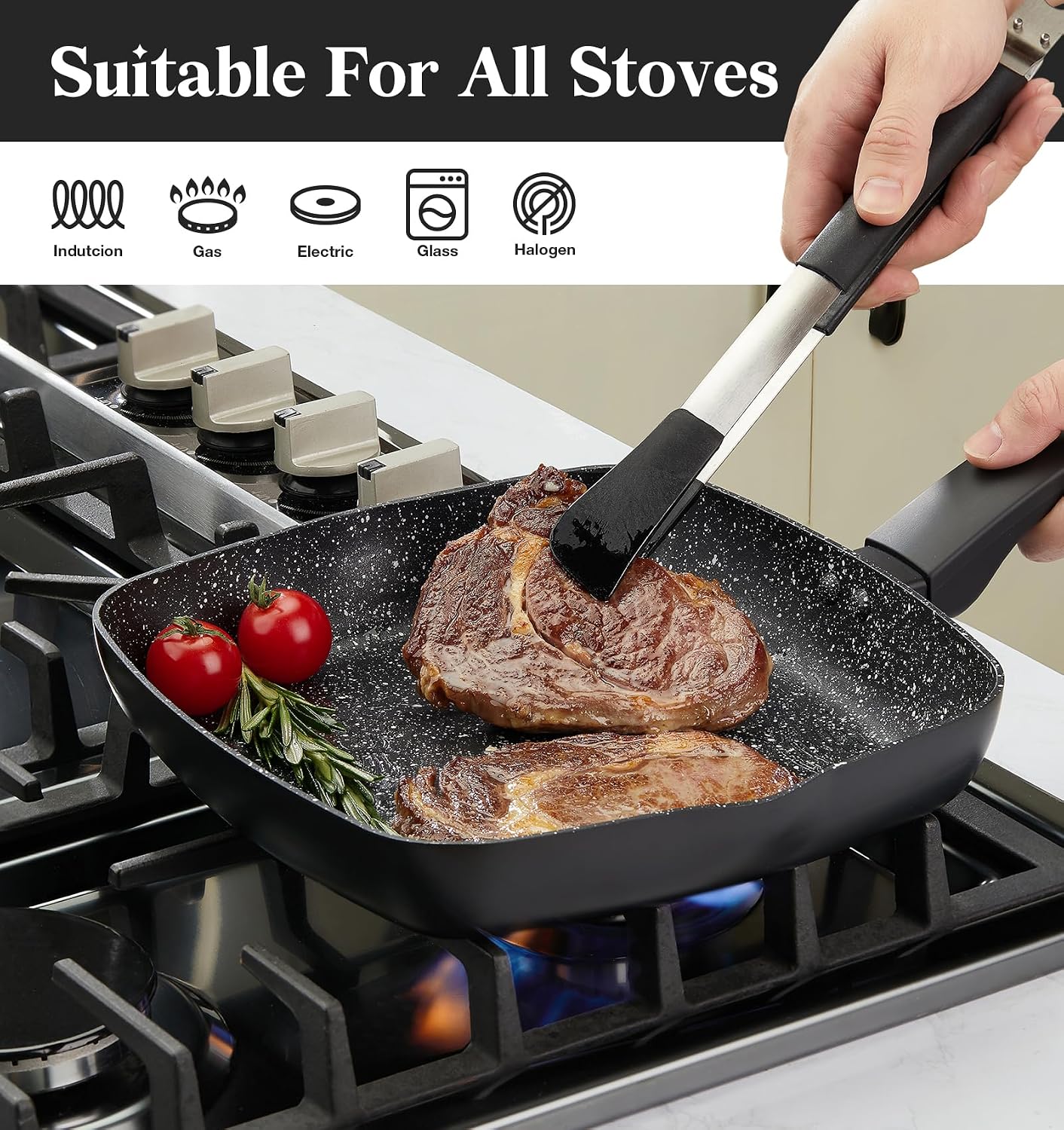 KOCH SYSTEME CS 9.5 Inch Nonstick Grill Pan for Stove Tops, Marble Coating Square Grill Skillet with Lid, Fry Pan Compatible with all Stoves