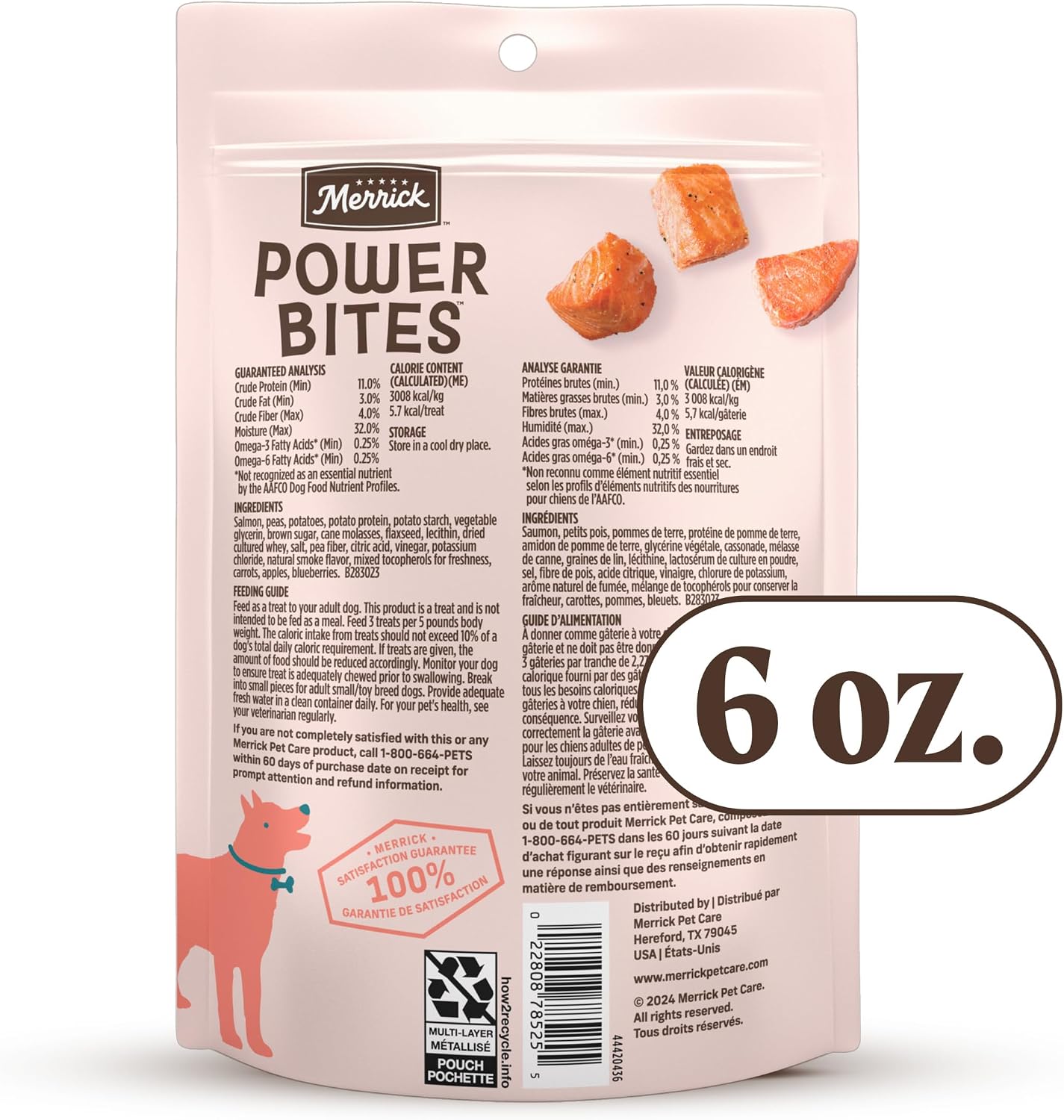 Merrick Power Bites Salmon Grain Free Dog Treats 6 oz Bag | Wholesome and flavorful dog treats made with salmon as the #1 ingredient, perfect for anytime snacking or training rewards