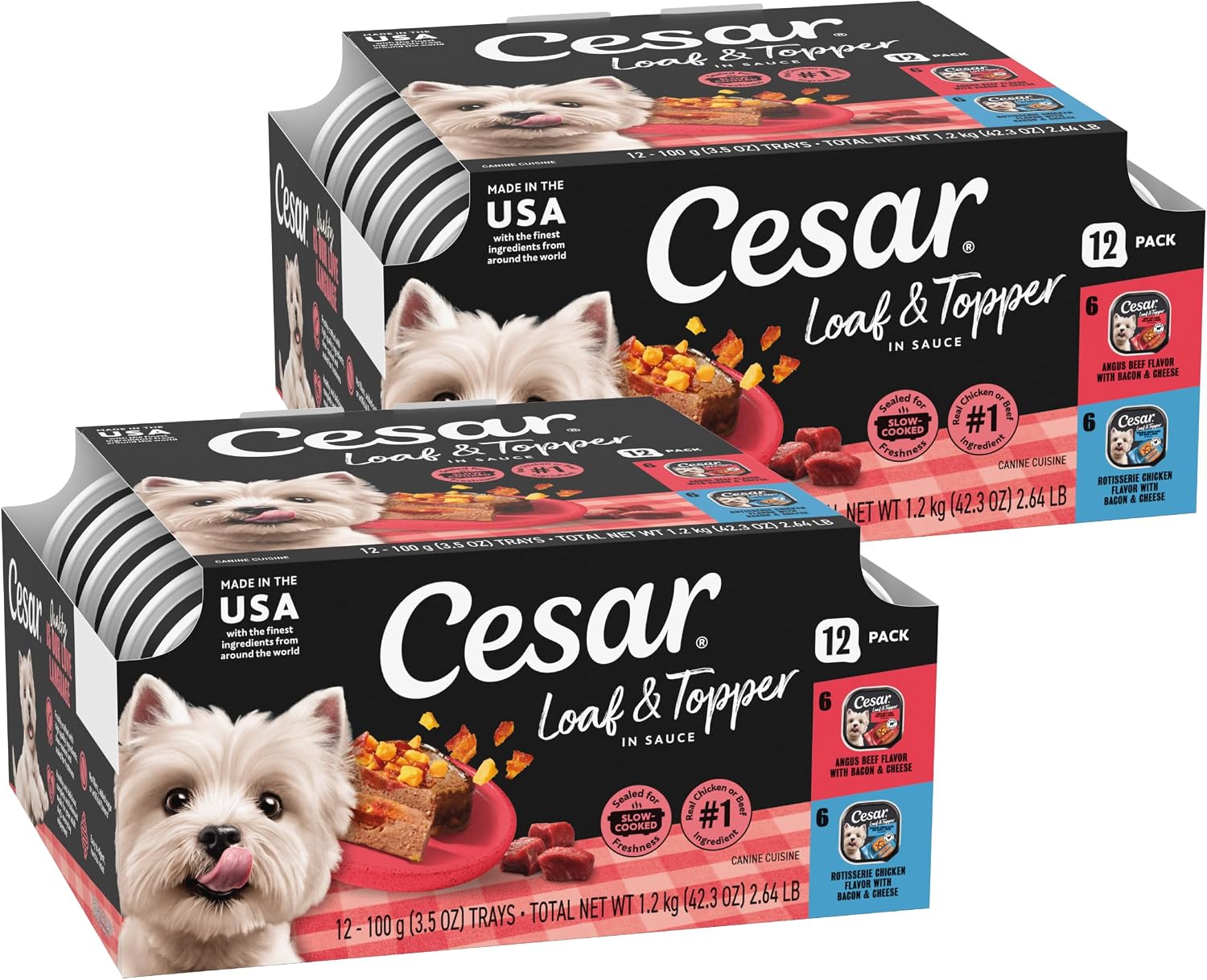 Cesar Loaf & Topper Wet Dog Food, Chicken & Filet, 3.5 oz, 12 Count, 2-Pack | Real beef or chicken #1 ingredient, no fillers or added sugar, no artificial flavors, complete & balanced, easy peel trays