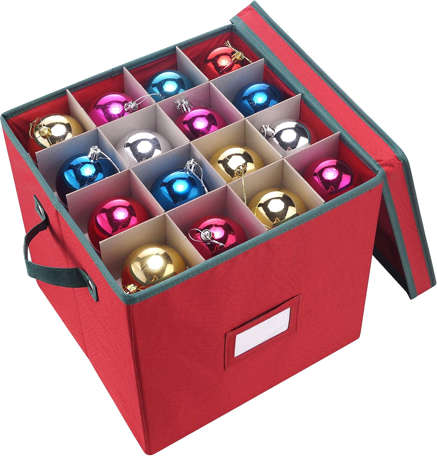 Christmas Decor Storage Box - Red Oxford Canvas Ornament Cube Chest With 64 Compartment Dividers, Riveted Handles, and Lid by Elf Stor