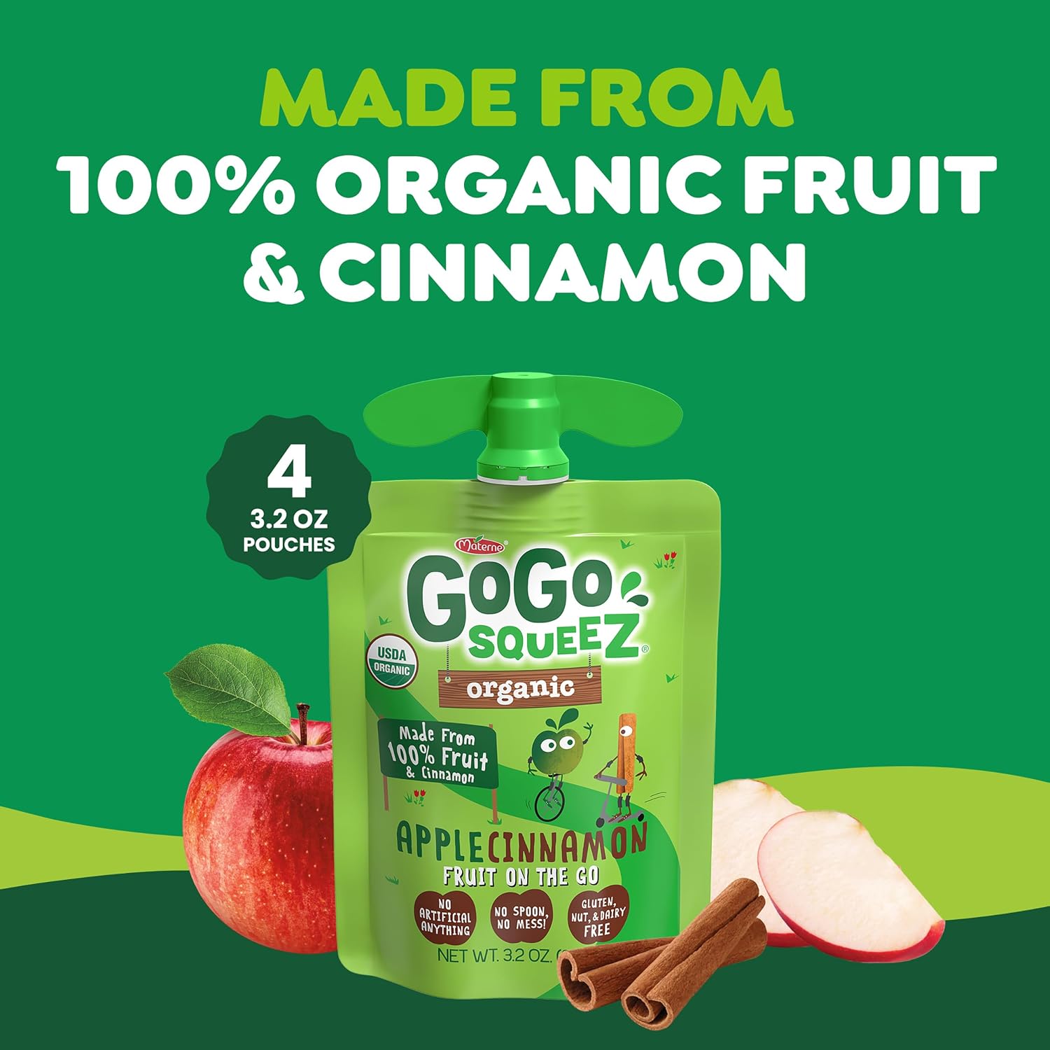 GoGo squeeZ No Sugar Added Organic Applesauce, Apple Apple, 4 Count | Kids on the go fruit snack made with applesauce & fruit puree; 3.2 oz pouches, gluten and nut free, recloseable cap, BPA-free