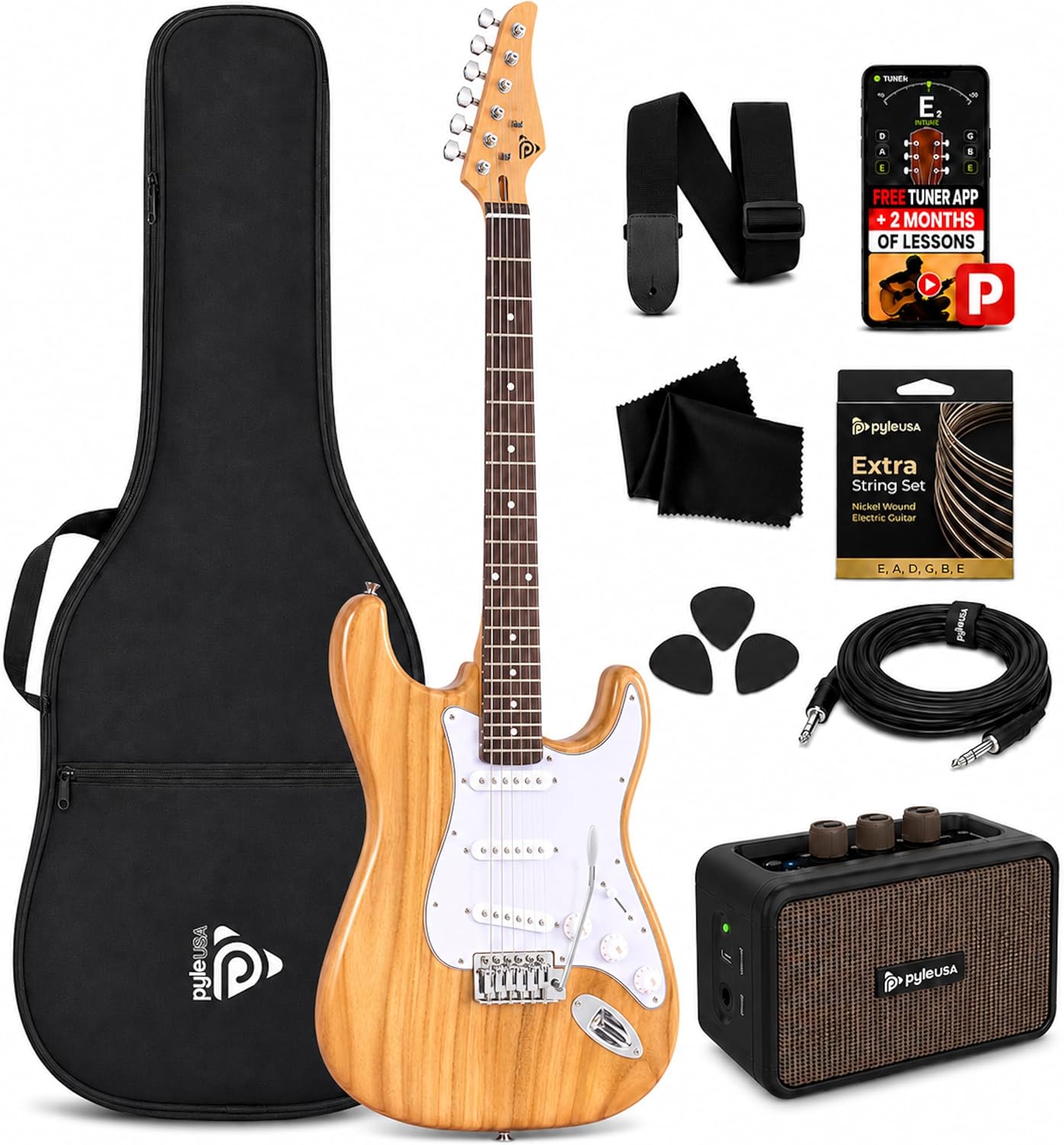 Pyle Electric Guitar and Amp Kit - Full Size 39" Complete Starter Kit with Wearable Bluetooth Amplifier, 1/4” Cable, Carry Case, Strap, Strings, Picks, Cleaning Cloth, ST-Style Pickups (Black)