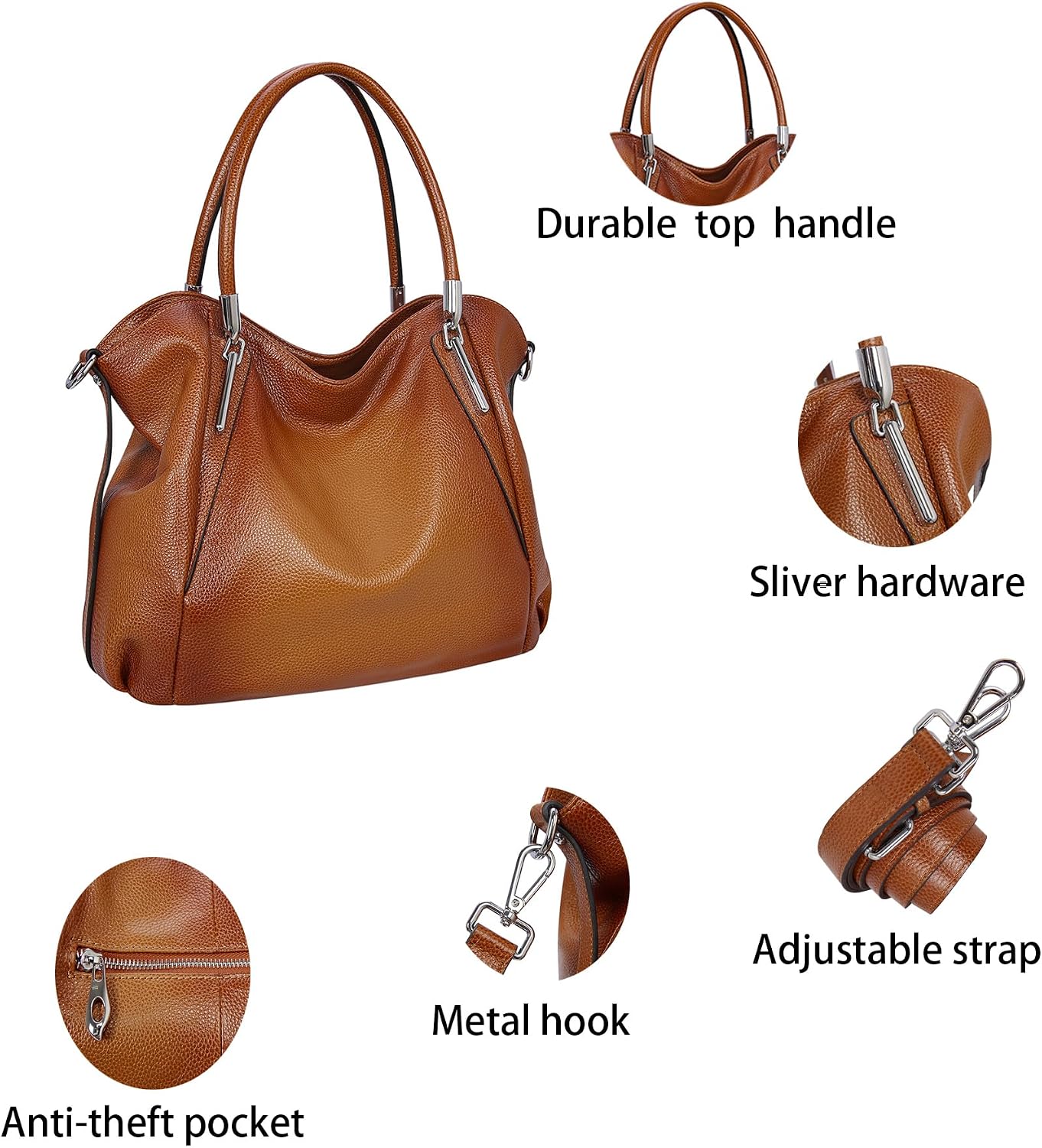 HESHE Leather Shoulder Purses for Women Tote Handbags Satchel Hobo Handbag | Designer Genuine Leather Travel Top Handle Work Bag Ladies Crossbody Purses Adjustable Straps Large Capacity Zippered Closure