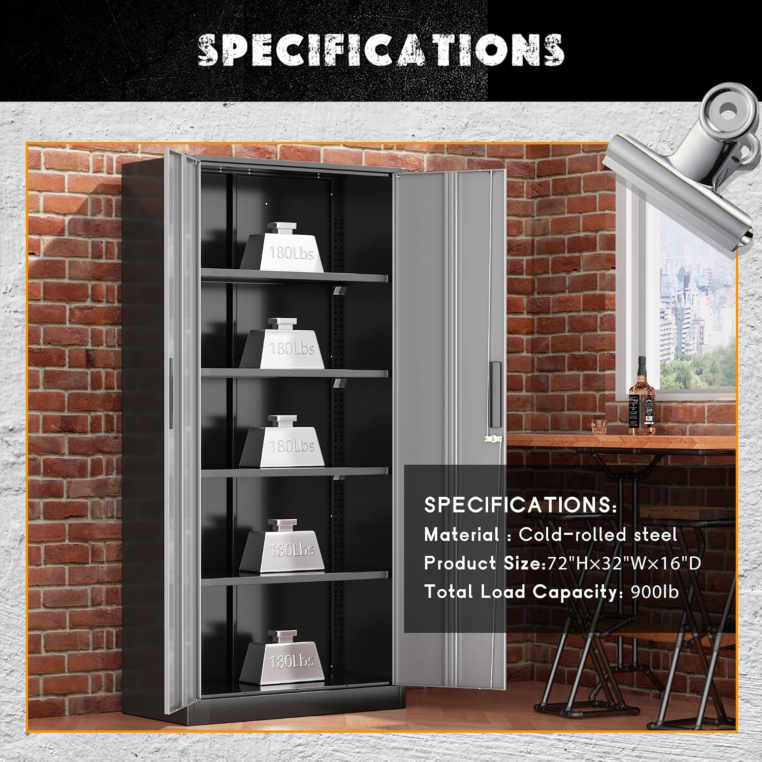 Greenvelly Steel SnapIt Storage Cabinet, 72" Locking Metal Garage Storage Cabinet with 4 Adjustable Shelves, 2 Doors and Lock for File, Office, Garage