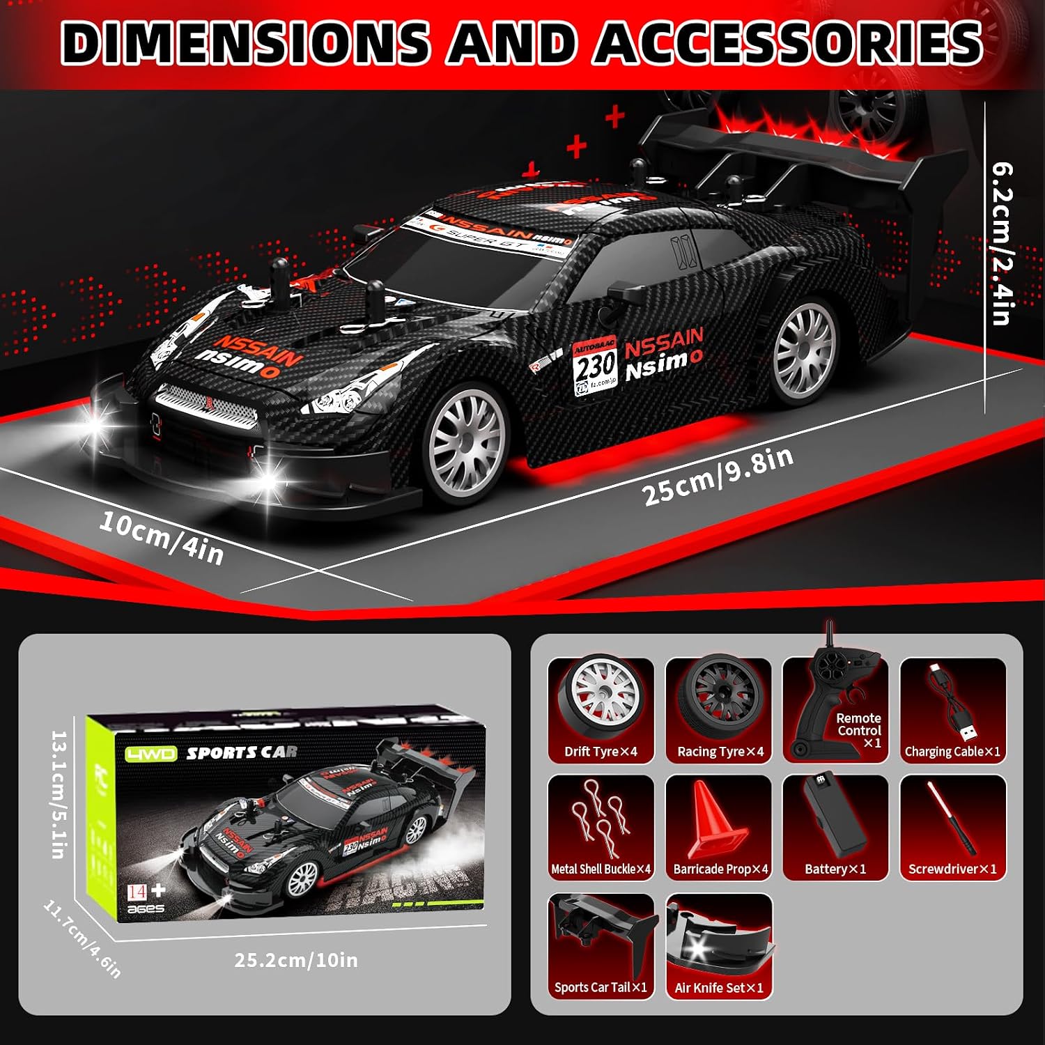RC Drift Car 1:20, High Speed 4WD Remote Control Car with Cool Lighting, 30km/h Racing RC Drifting Cars, Gifts for Adults, for Drift and Race
