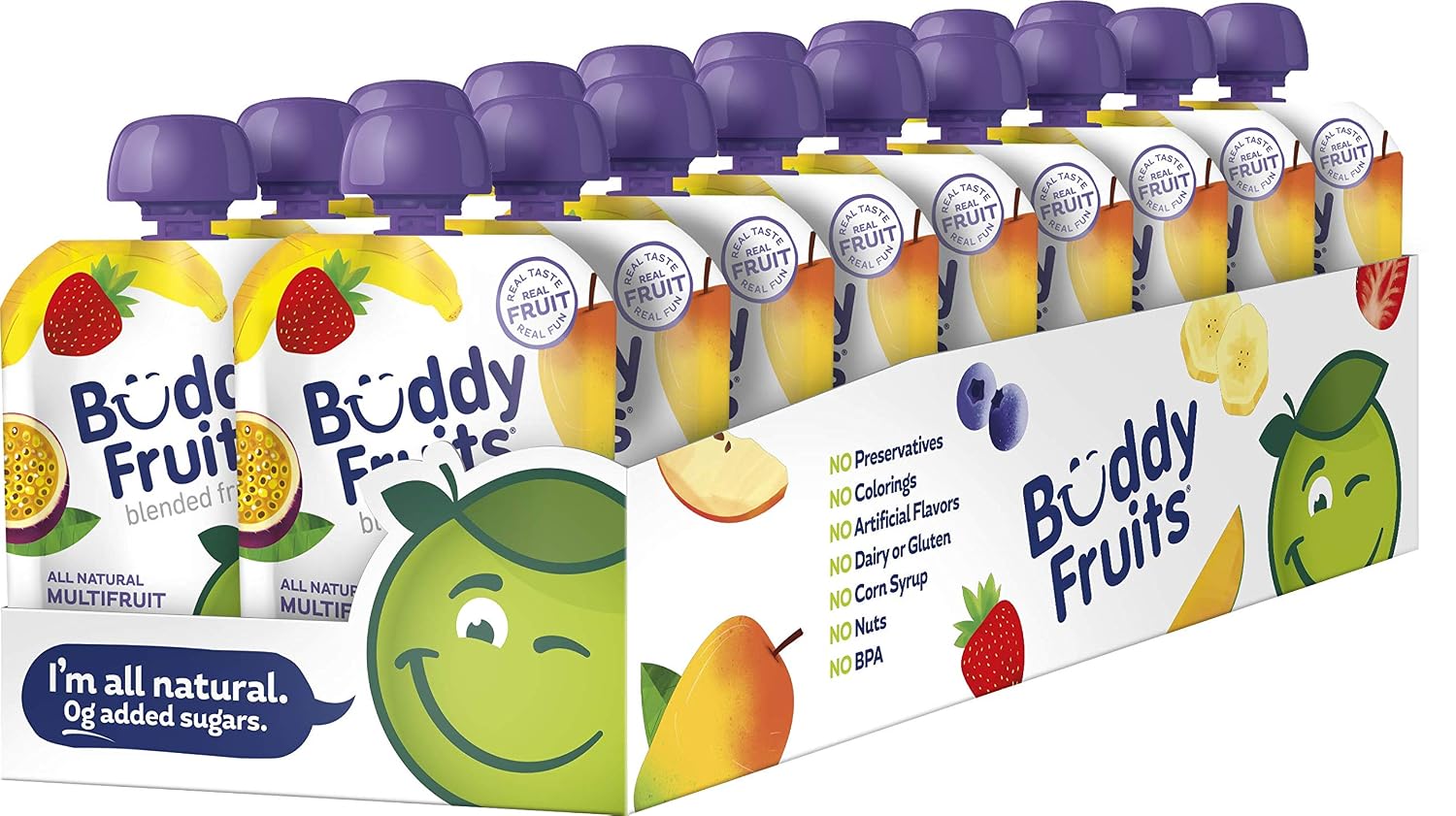 Buddy Fruits Snacks To Go Multifruit Unsweetened Applesauce 3.2oz Pouch (18pk) Gluten-Nut-Dairy-Preservatives-BPA Free, Non GMO, Kosher