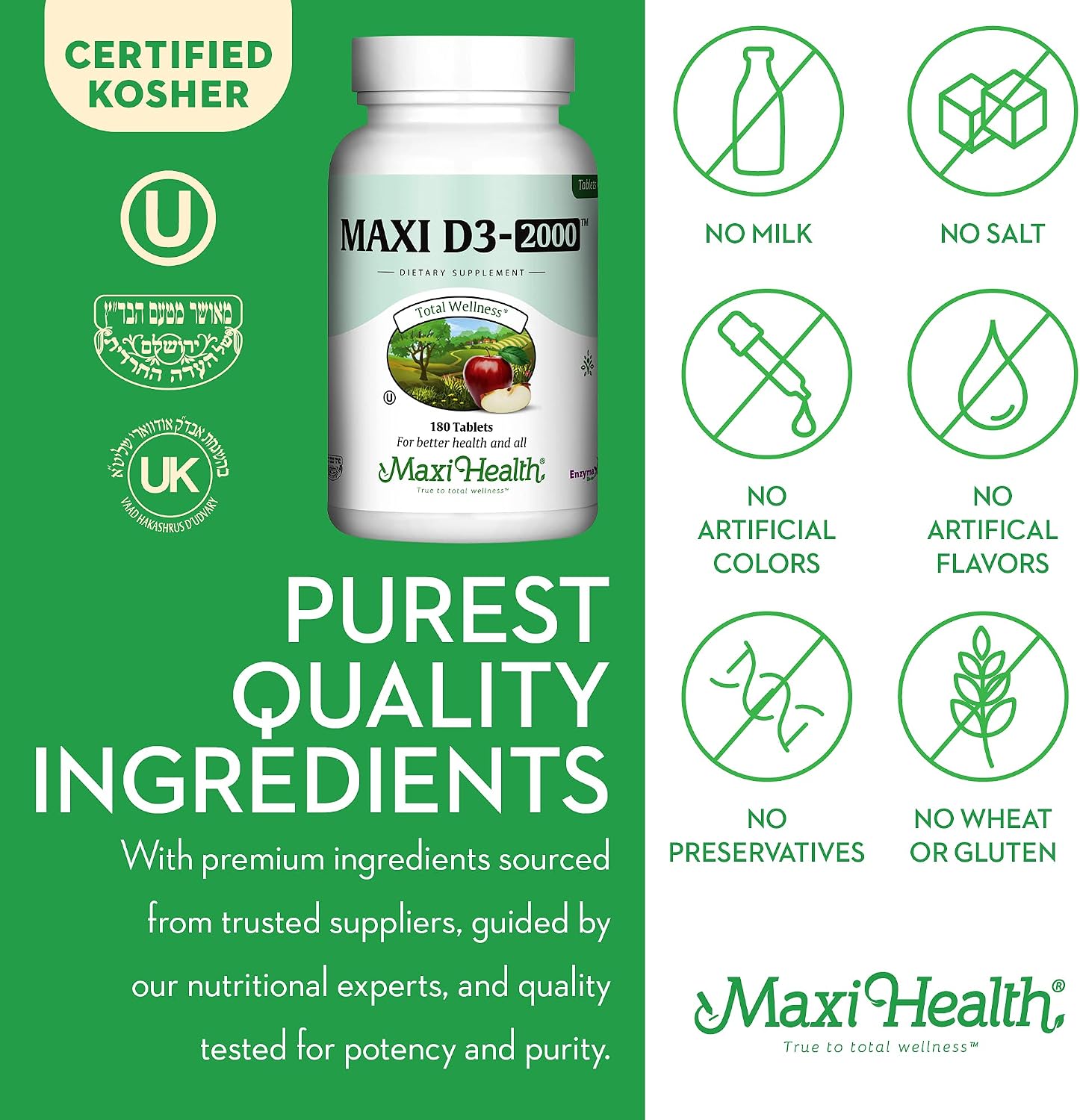 Maxi Health Kosher Vitamin D3 2000IU - Highly Absorbable Vitamin D Supplements for Healthy Immune Response, Calcium Absorption, Teeth & Bone Health - D3 Vitamin 2000 IU -180 Tablets