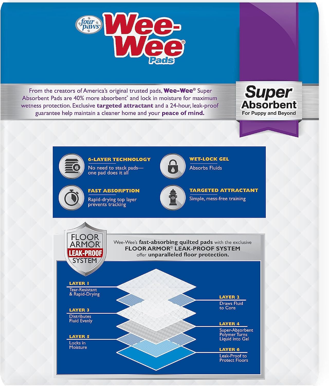 Four Paws Wee-Wee Super Absorbent Pads for Dogs, 22 Count | Leak-proof puppy pads, locks in wetness, dog housebreaking & potty training, all day floor protection, 24" x 24"