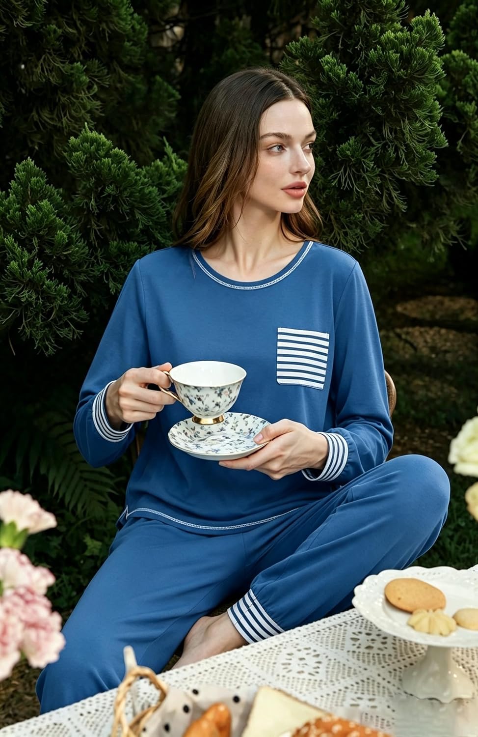 SWOMOG Women’s Pajamas Set Long Sleeve Sleepwear with Long Pants Soft Modal Loungewear Pj Set
