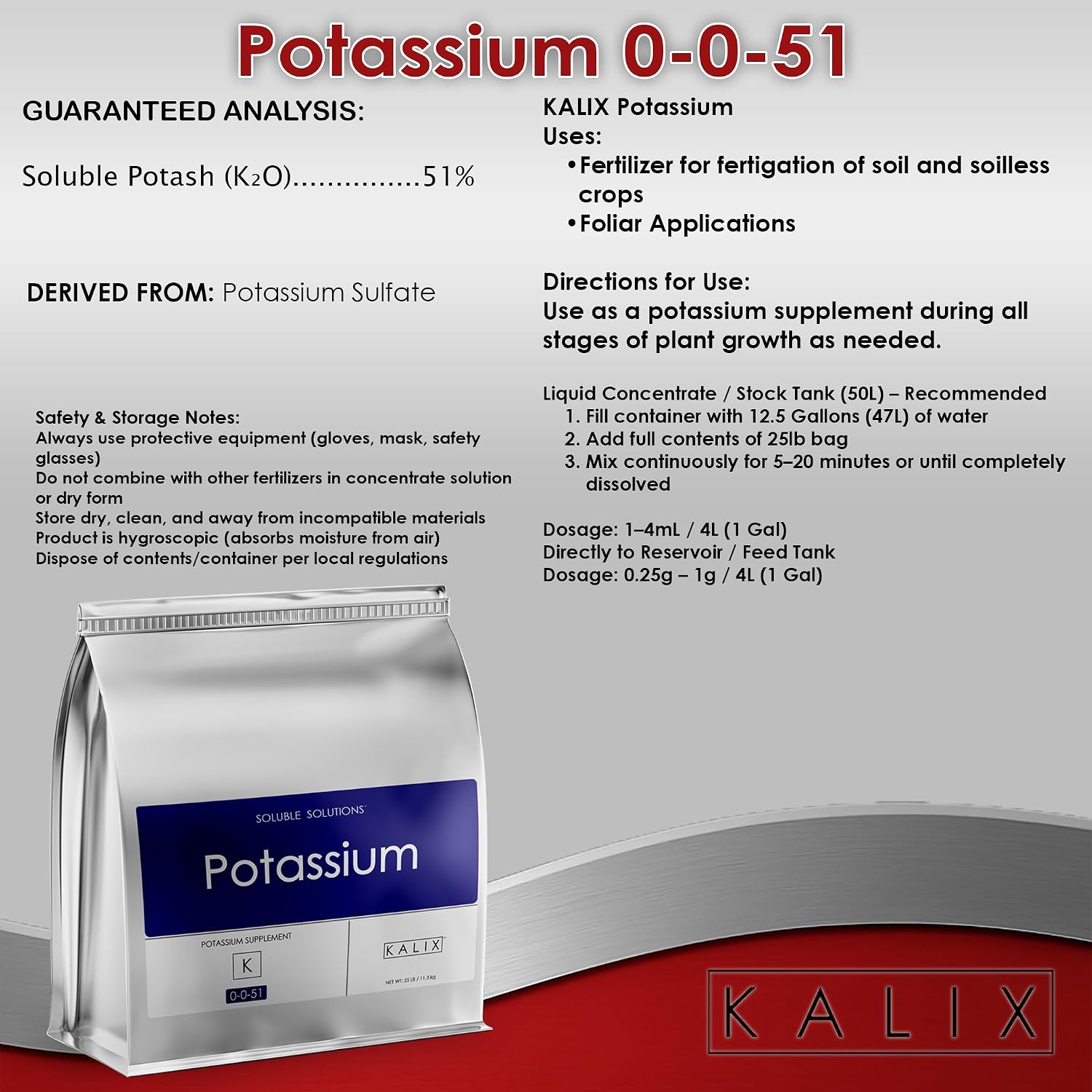 KALIX Potassium 0-0-51 Soluble Fertilizer | High Potash Plant Food for Bloom Phase, Potassium Sulfate for Plants, Hydroponics & Gardening