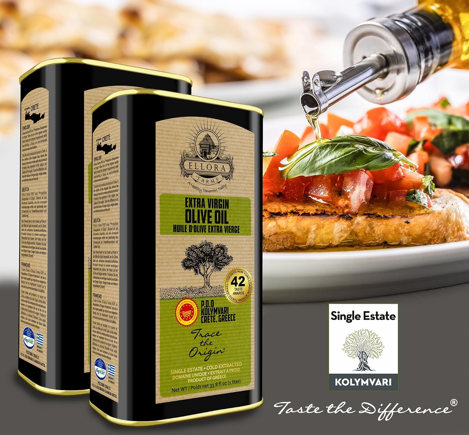 Ellora Farms Olive Oil Extra Virgin, Traceable & Certified PDO Polyphenol Rich Extra Virgin Olive Oil Cold Pressed, Global Gold Awards, Kosher, Single Origin from Crete, Greece 33.8 Fl oz, Pack of 2