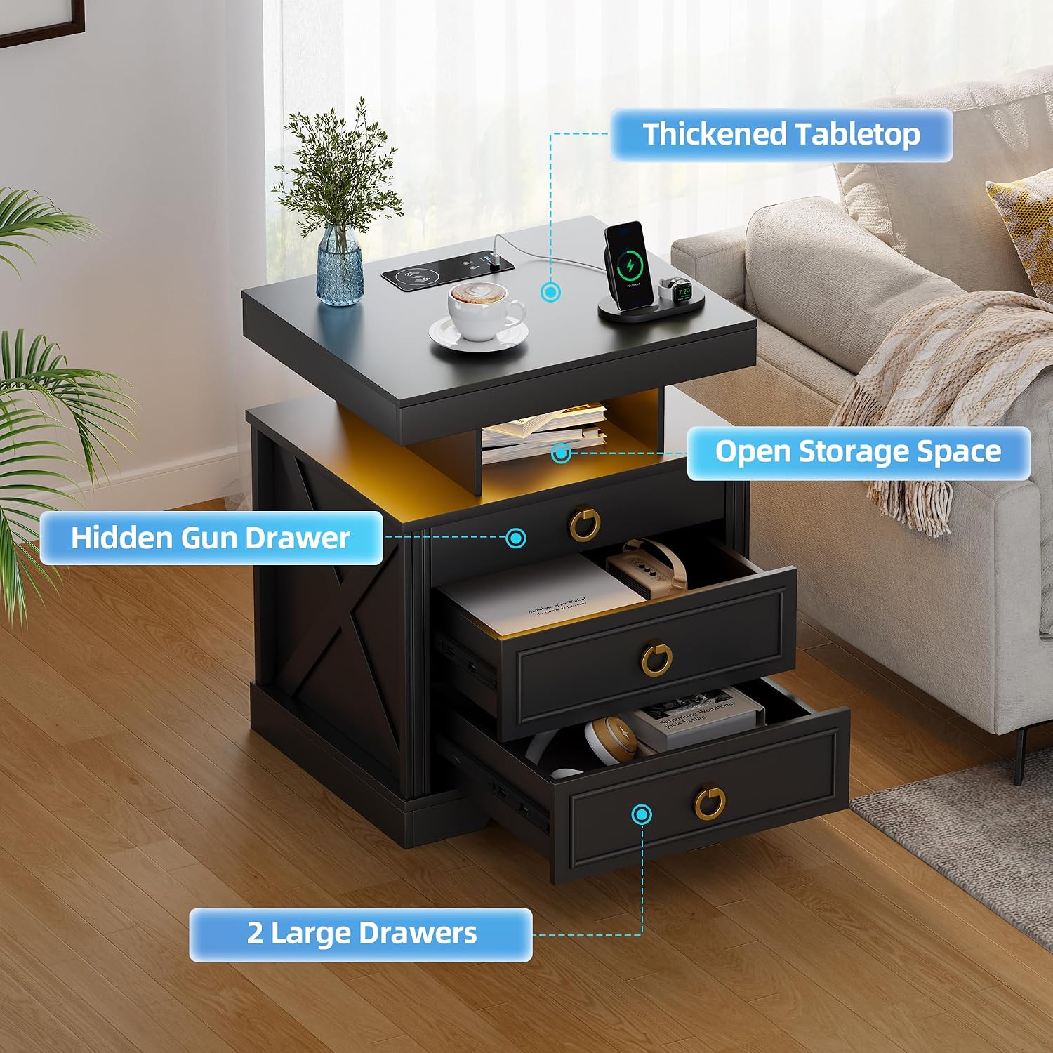 Smart LED Nightstand with Lockable Gun Drawer & Glass Top（Black） | Modern Bedside Table with Charging Station and Hidden Storage, LED Night Stand with 4 Drawers & Motion Sensor for Bedroom