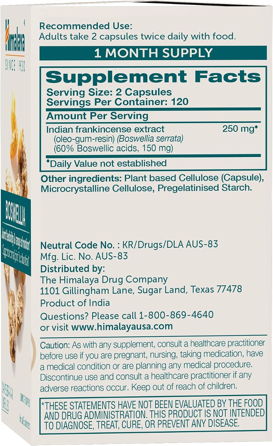 Himalaya Boswellia Extract Supplement for Joint Health, 250 mg,120 Capsules