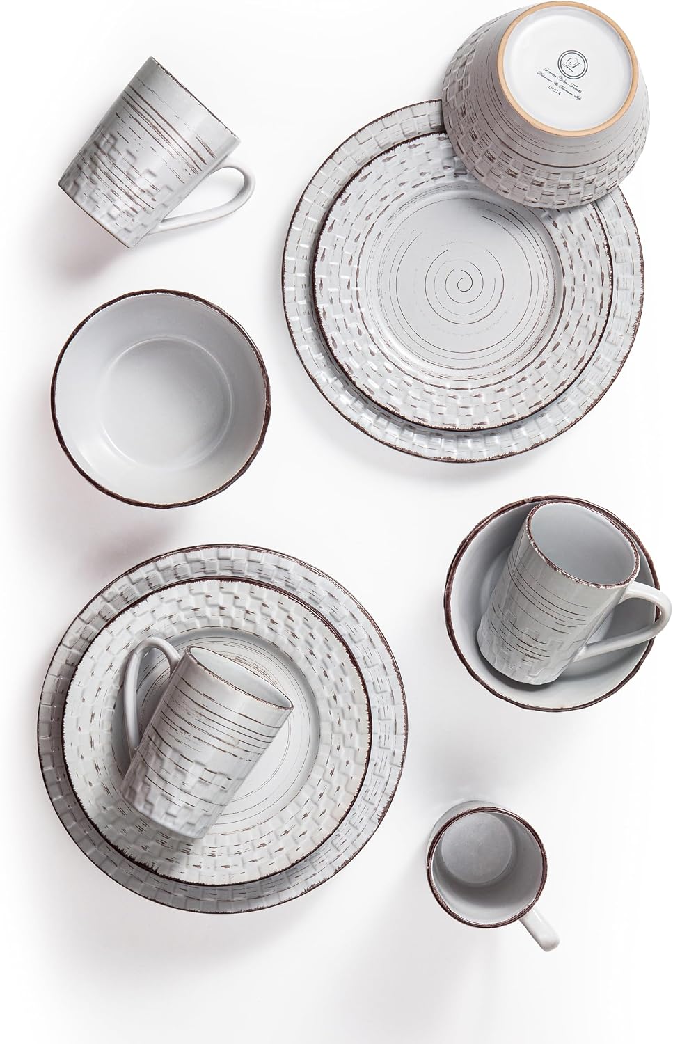 Lorren Home Trends Distressed Weave Dinnerware Set, Buttercup, 16 Piece | Service for 4