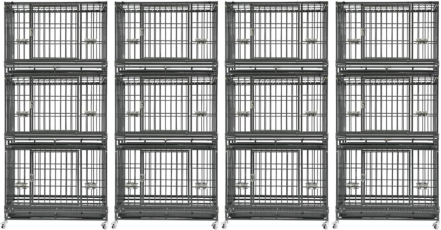 Homey Pet Three Tiers 43 inch Heavy Duty Dog Crate with Wheels, Dual Doors | Stackable Indestructible Steel Dog Cage Kennel Indoor with Divider, Trays, Bowls, Escape Proof Locks for Breeders and More