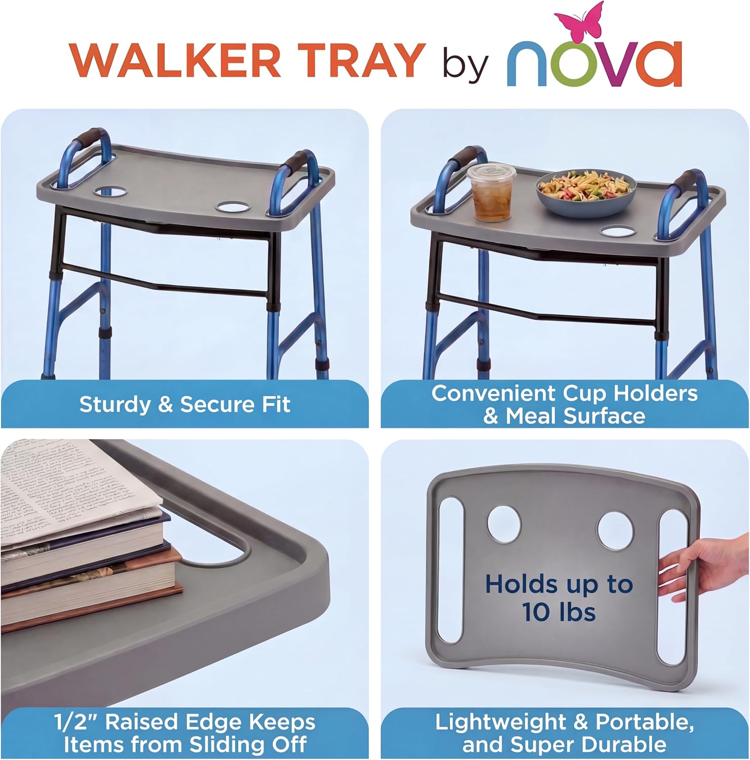 NOVA Walker Tray Table with Spill-Proof Raised Edges and Two Cup Holders and for Seniors, Standard Folding Walker Accessory, 16 x 23 Inch