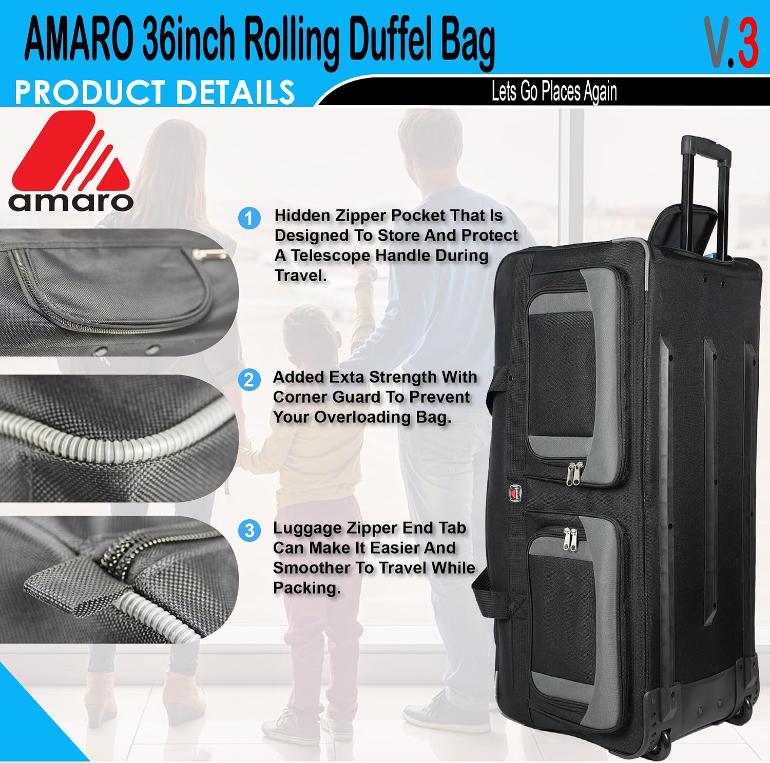 AMARO 36 Inch Rolling Duffle Bag with Wheels, Extra Large Heavy Duty Travel Duffel Luggage with Telescopic Handle, Multiple Pockets, Collapsible Storage, Black/Grey
