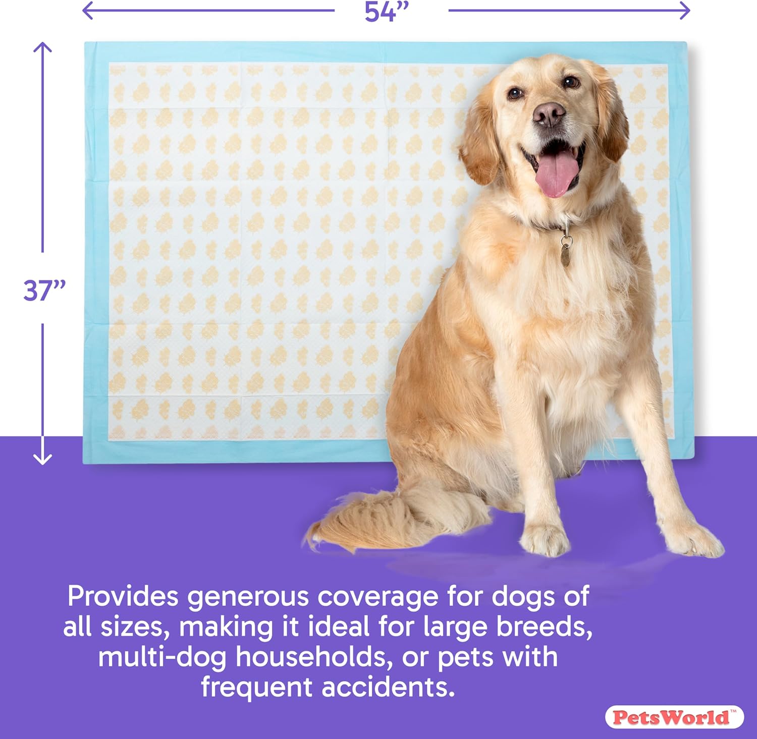 PetsWorld Enormous Dog Pee Pads 37"x54" 50 Count – XXXL Pet Pee Pads for Giant Dogs & Pets, Heavy Duty Leak-Proof Dog Training Pads, Super Absorbent Quick-Dry Potty Pads with Adhesive Tabs