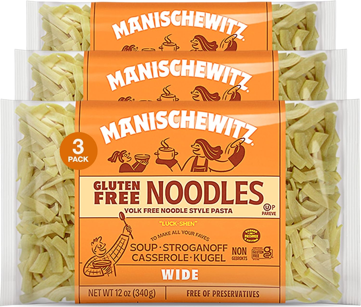 Manischewitz Gluten Free Wide Egg Noodles (4 Pack) Yolk Free, Kosher For Passover and All Year Round Use