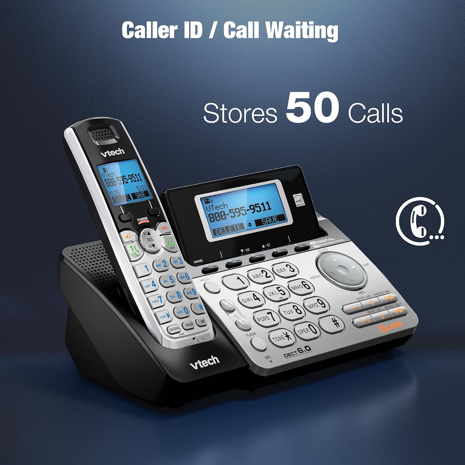 VTech DS6101 Accessory Handset for DS6151 Series, Black/Silver | 2-Line Cordless Phone, Answering System, Expandable up to 12 Handsets, Intercom & Conference