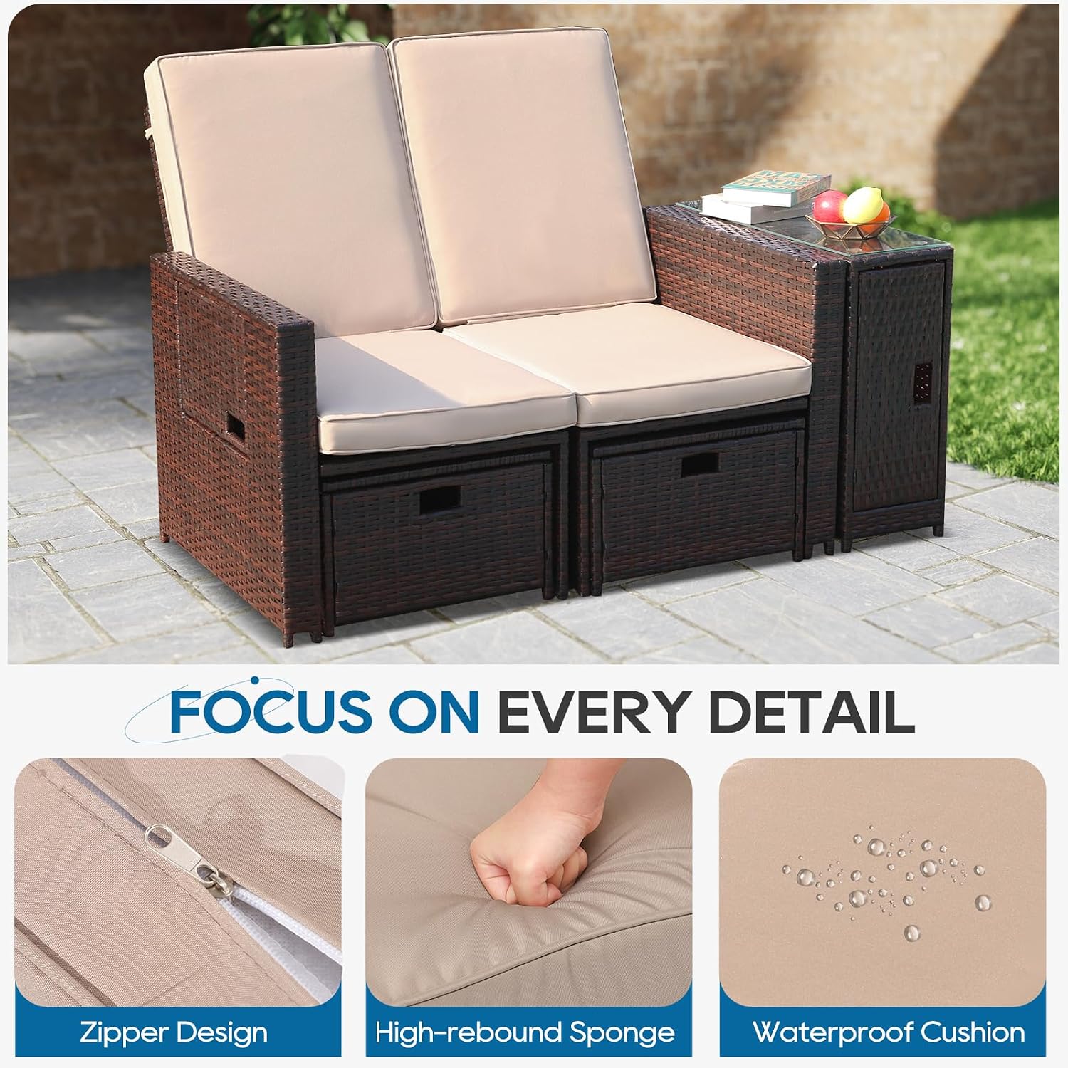 5PCS Outdoor Wicker Chaise Lounge Chair - Rattan Adjustable Reclining Patio Lounge Chair with Ottoman and Coffee Table