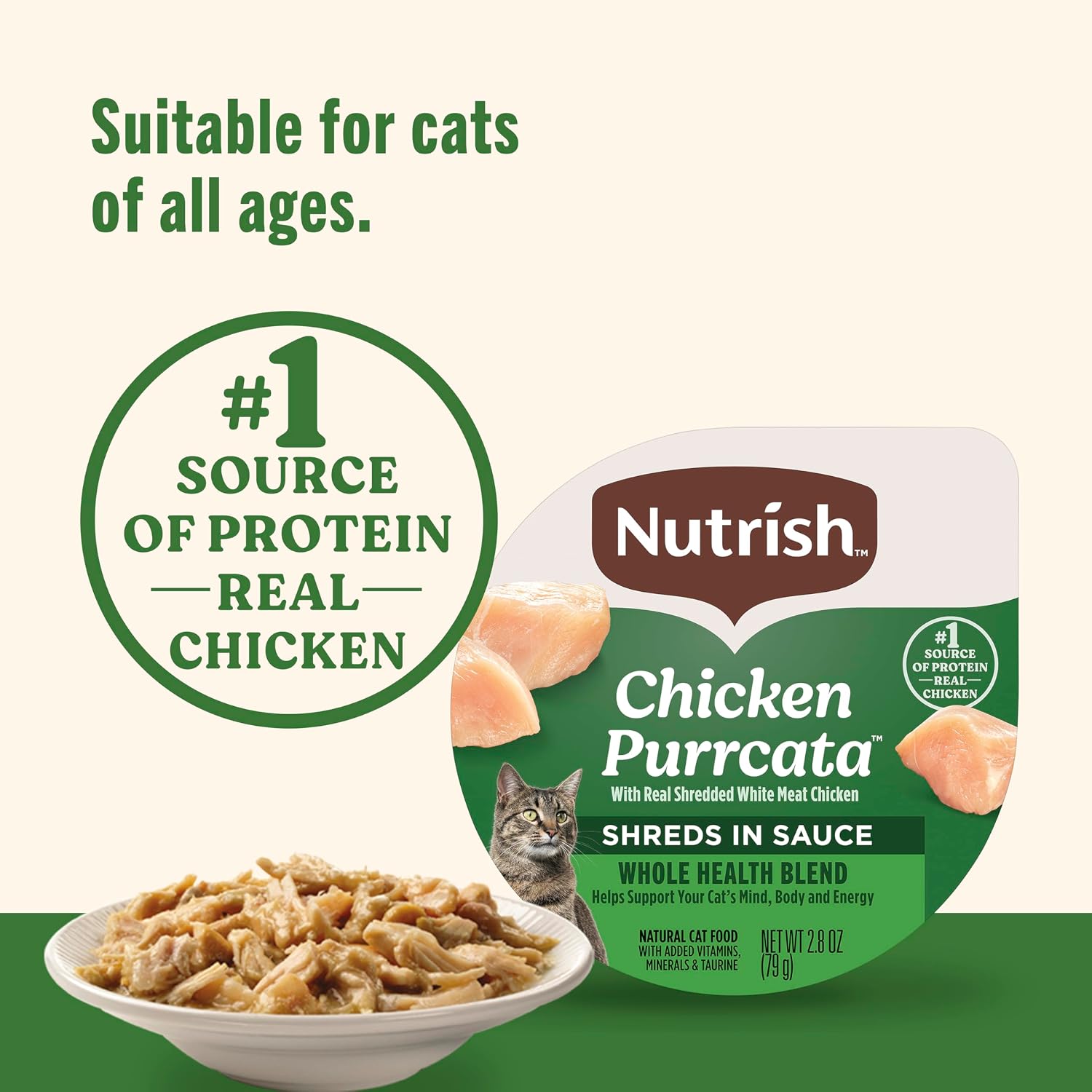 Nutrish Grain Free Chicken Purrcata Wet Cat Food, 2.8 oz. Cup (Rachael Ray) | Pack of 12, Made with Real Shredded White Meat Chicken in Sauce