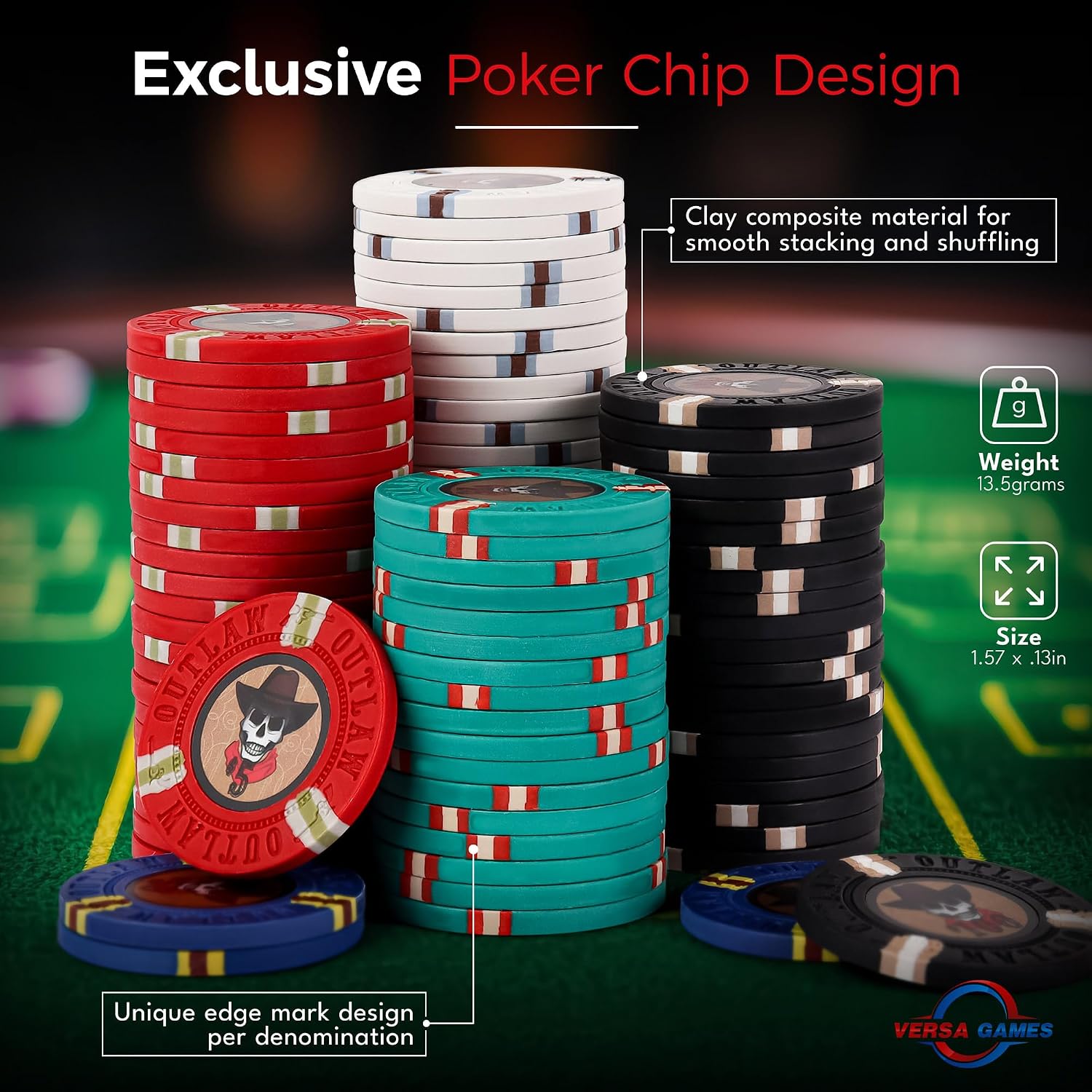 Versa Games 500 Poker Chips, Poker Chip Set - Outlaw, 500 Piece Poker Set with Numbers for Poker