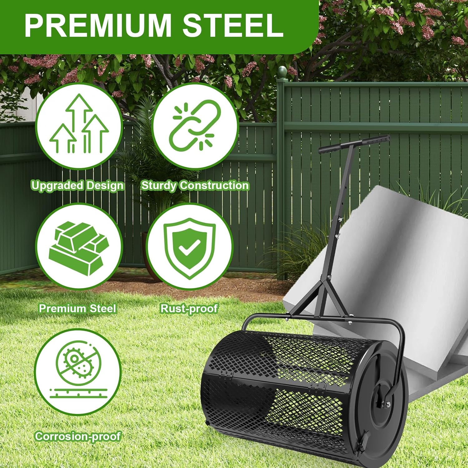 MAKEATREE 24 Inch Compost Spreader and Peat Moss Spreader, Lawn Roller for Spreading Top Soil Manure Dirt, Black