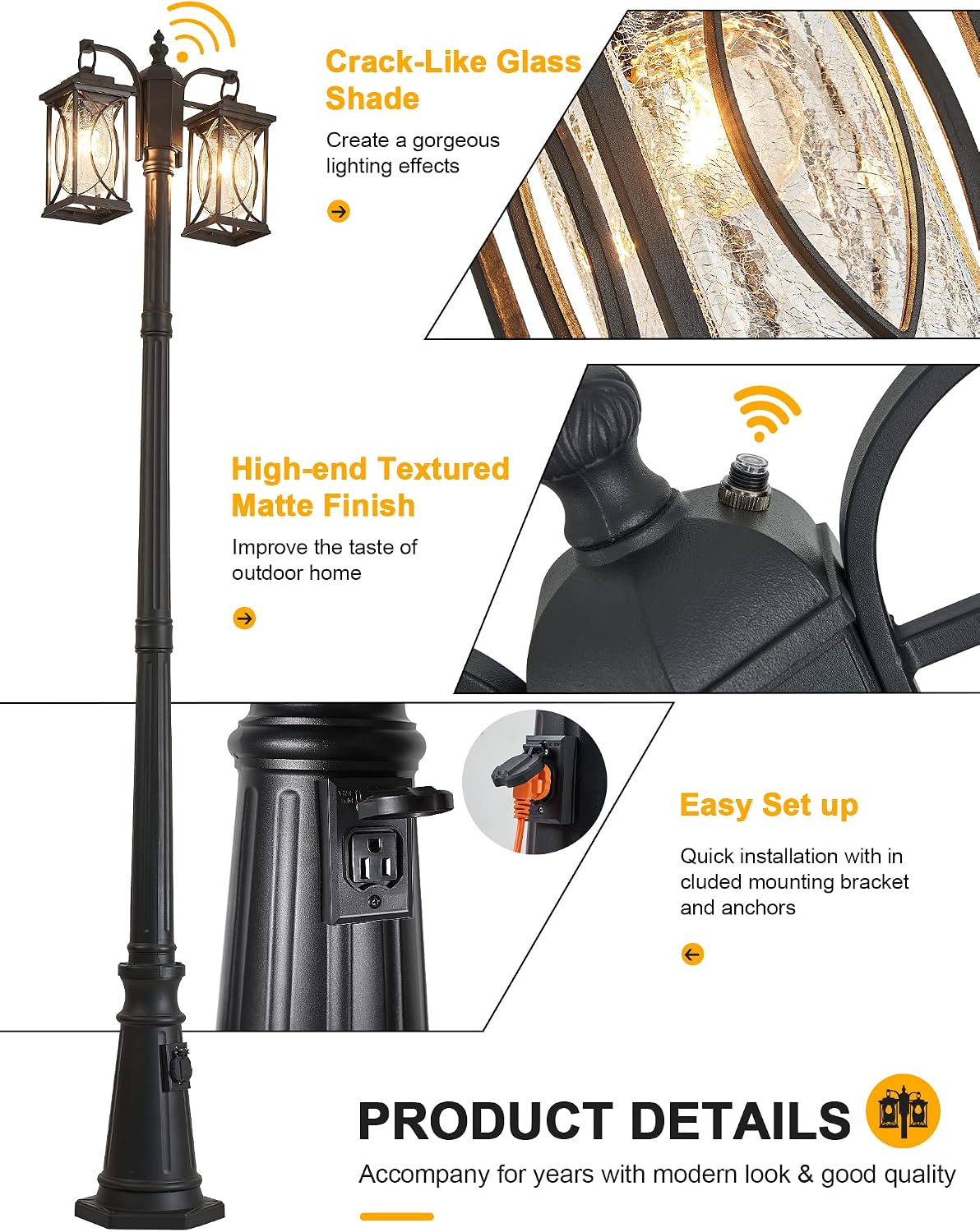 Dusk to Dawn Modern Outdoor Coach Lantern Exterior Light Fixtures Black Aluminum with Crack-Like Glass Waterproof Wall Sconce Mission Outside Light