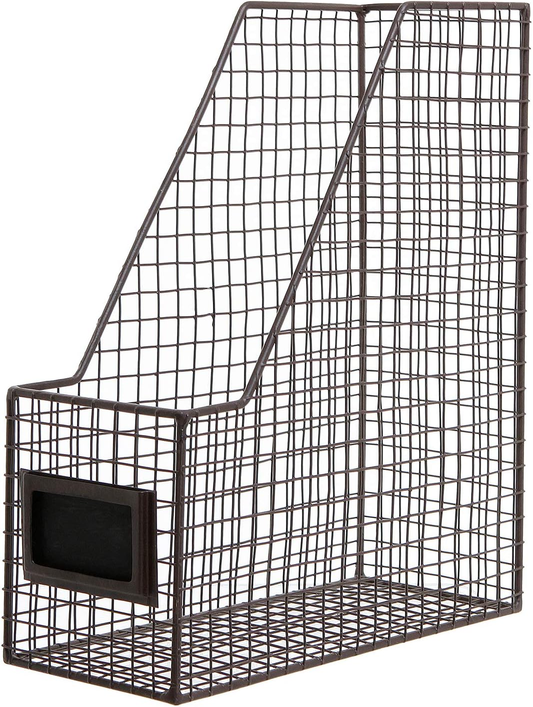 MyGift Metal Wire Magazine Holder in Rustic Brown Finish, Desktop Document and File Folder Storage Bin with Chalkboard Label for Home, Office, School