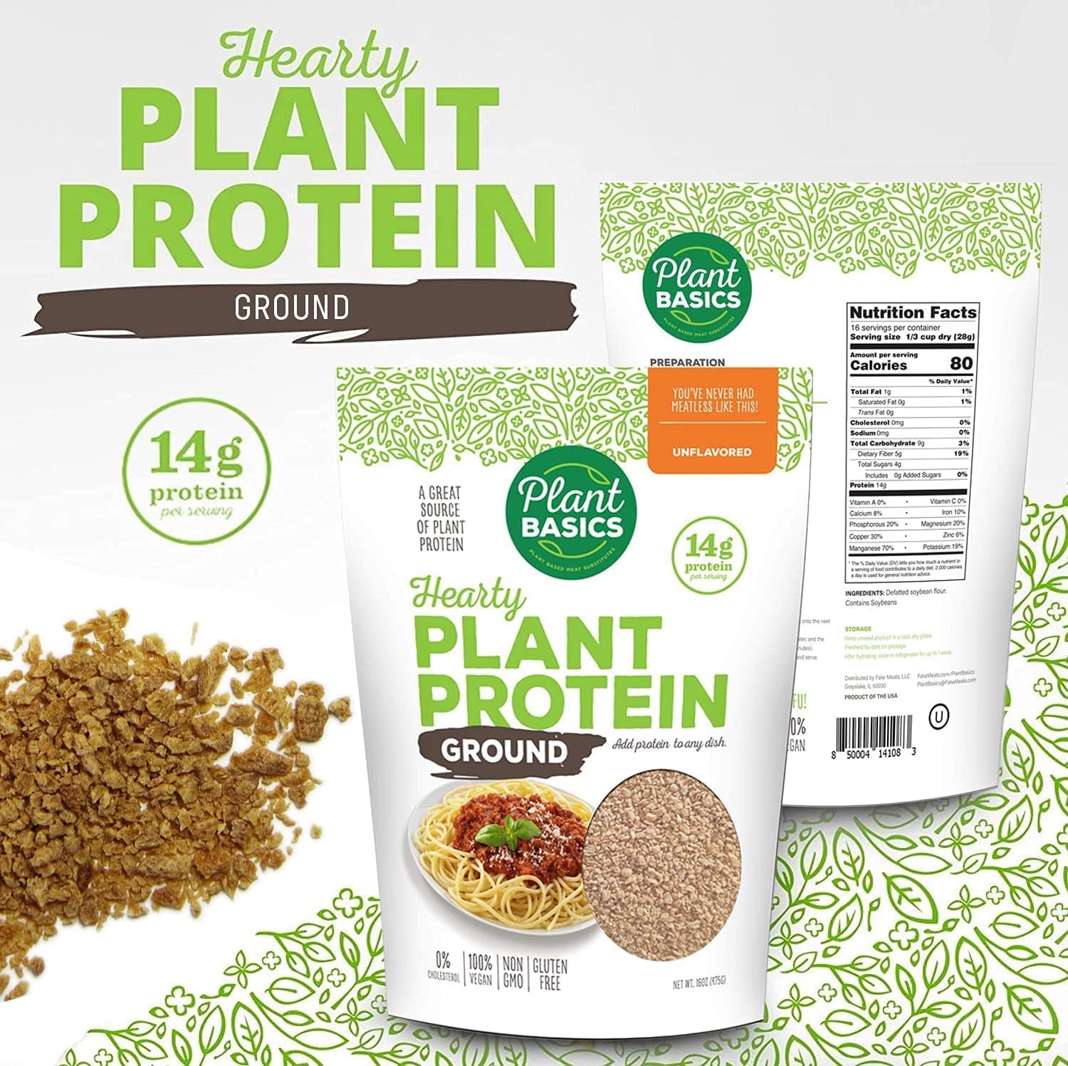 Plant Basics - Hearty Plant Protein - Unflavored Ground, 1 lb (Pack of 6), Non-GMO, Gluten Free, Low Fat, Low Sodium, Vegan, Meat Substitute