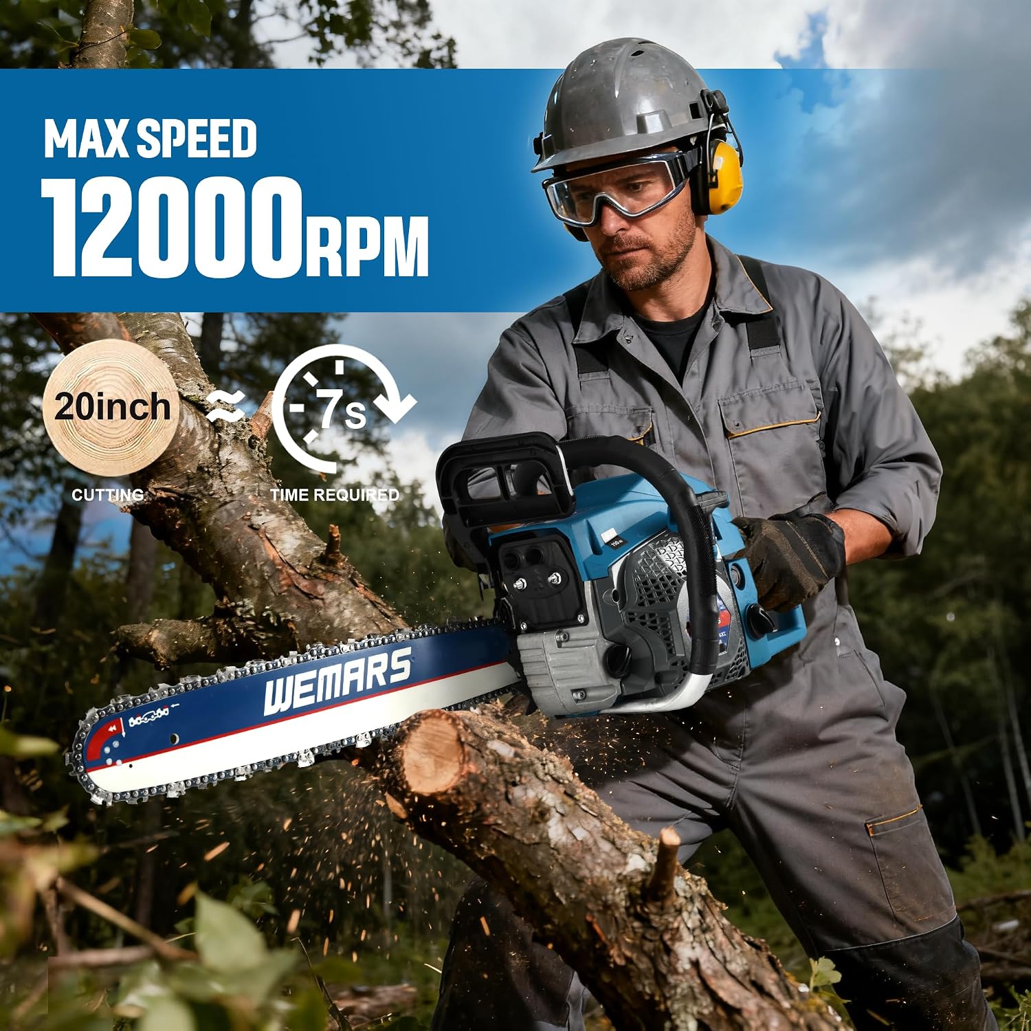 2-cycle 63CC Chainsaw Saw Gas Powered 20" Chain Saws Cordless Petrol Saw Handheld Chainsaw for Cutting Wood Trees Branches (63ACK)