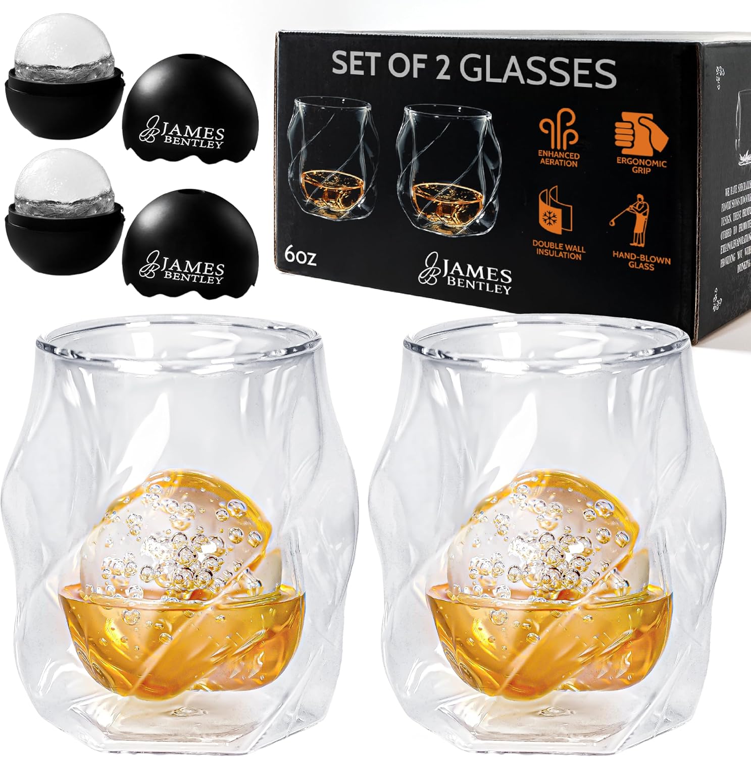 JAMES BENTLEY JB Whiskey Glasses, Set of 2 + 2 Slow-Melting Ice Ball Molds | Hand-blown insulated 6oz double-wall borosilicate glass, bourbon