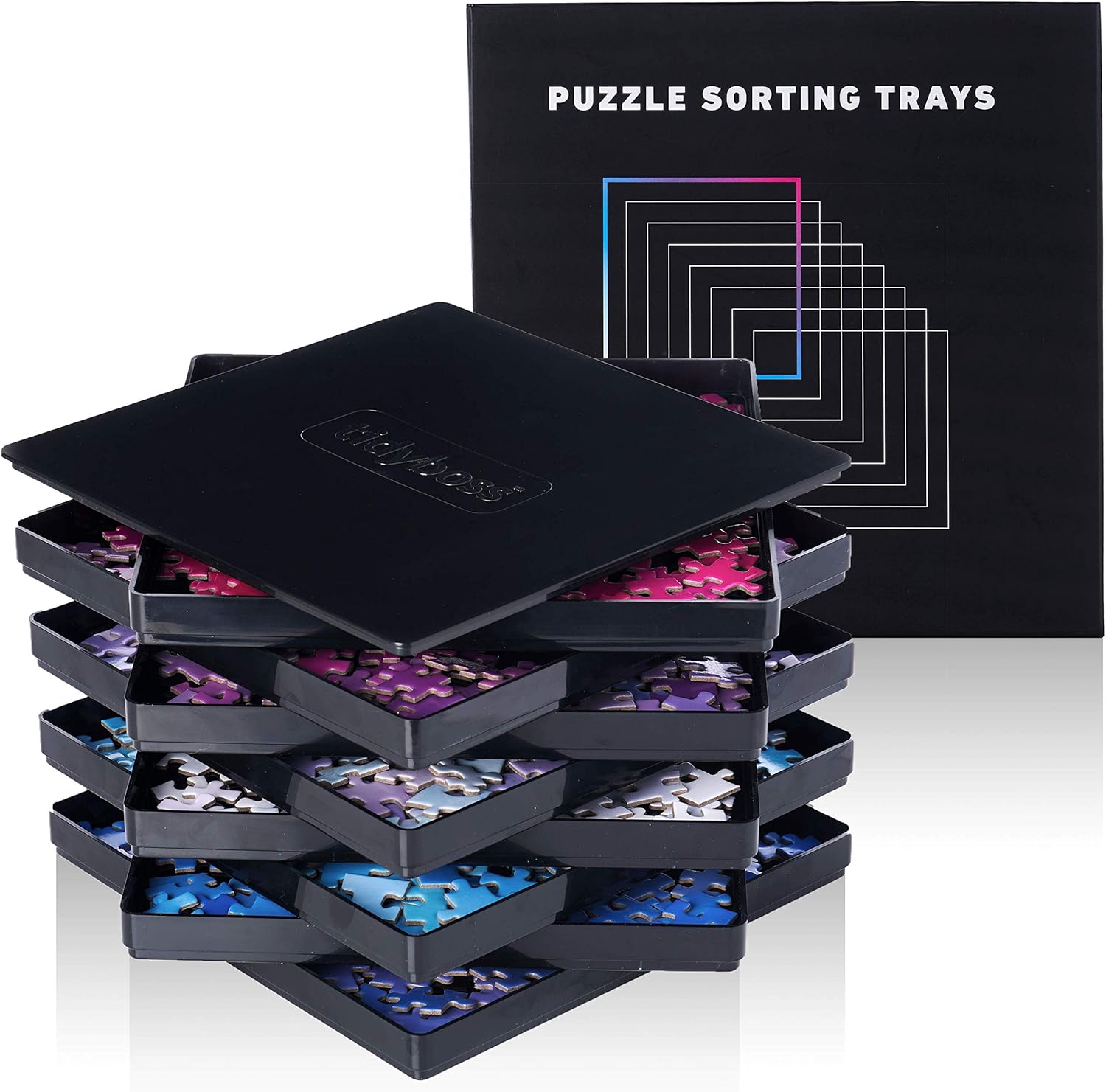 Tidyboss 8 Puzzle Sorting Trays with Lid 8" x 8" - Portable Jigsaw Puzzle Accessories White Background Makes Pieces Stand Out to Better Sort Patterns
