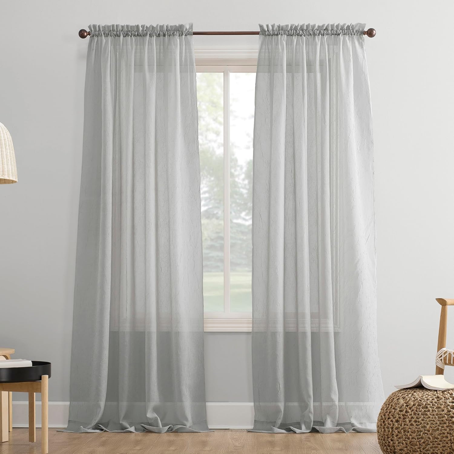 No. 918 Erica Crushed Sheer Voile Rod Pocket Curtain Panel, 51" x 108", Eggshell Off-White