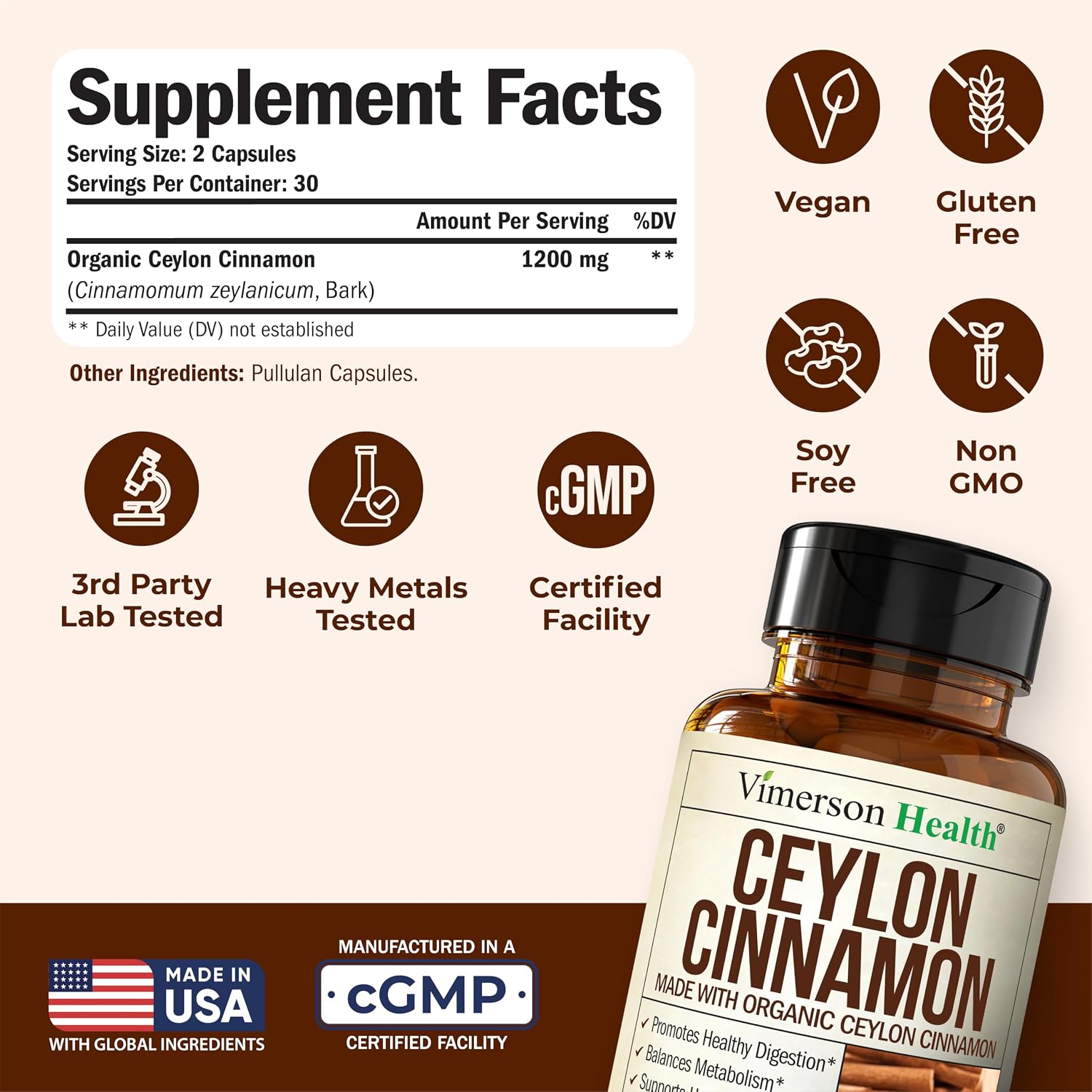 Organic Ceylon Cinnamon Capsules - Ceylon True Cinnamon Supplements (Canela de Ceylan) for Inflammation Balance, Cognitive Function, Metabolic