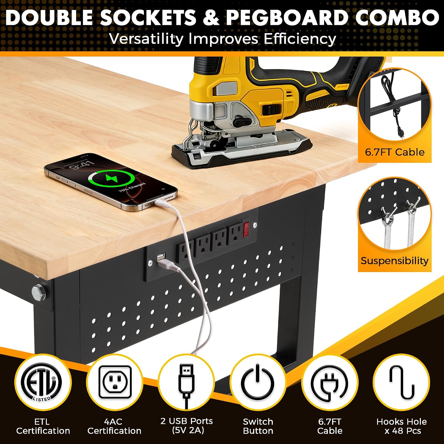 48" Adjustable Rubberwood Workbench with Foldable Extension Board & Power Outlet, Extra Large 48x32In 9-Level Height 27"-37", 2000 LBS Heavy Duty for Workshop Garage Office Home