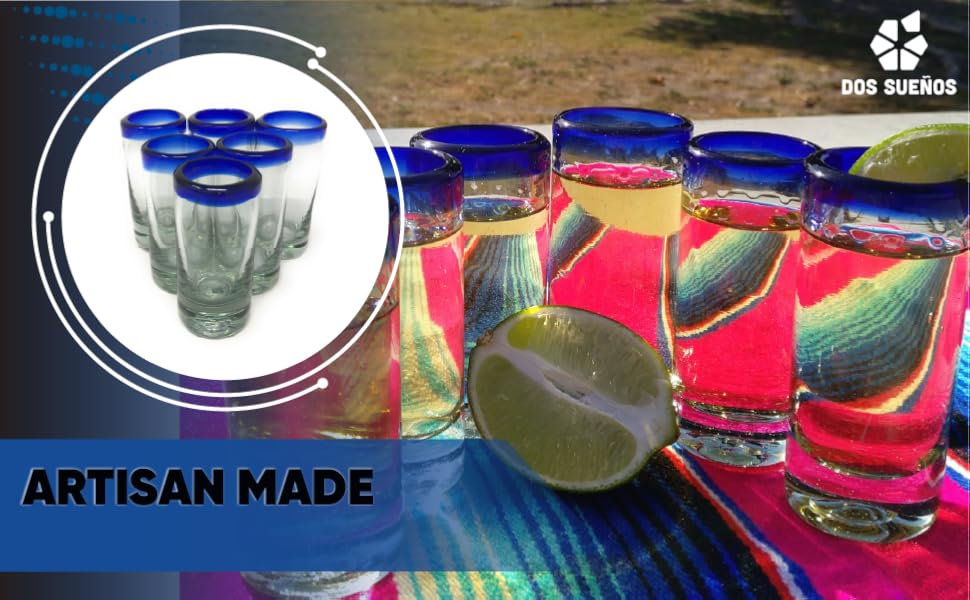 mexican tequila shot glasses blue rim hand blown 2oz recycled glass artisan